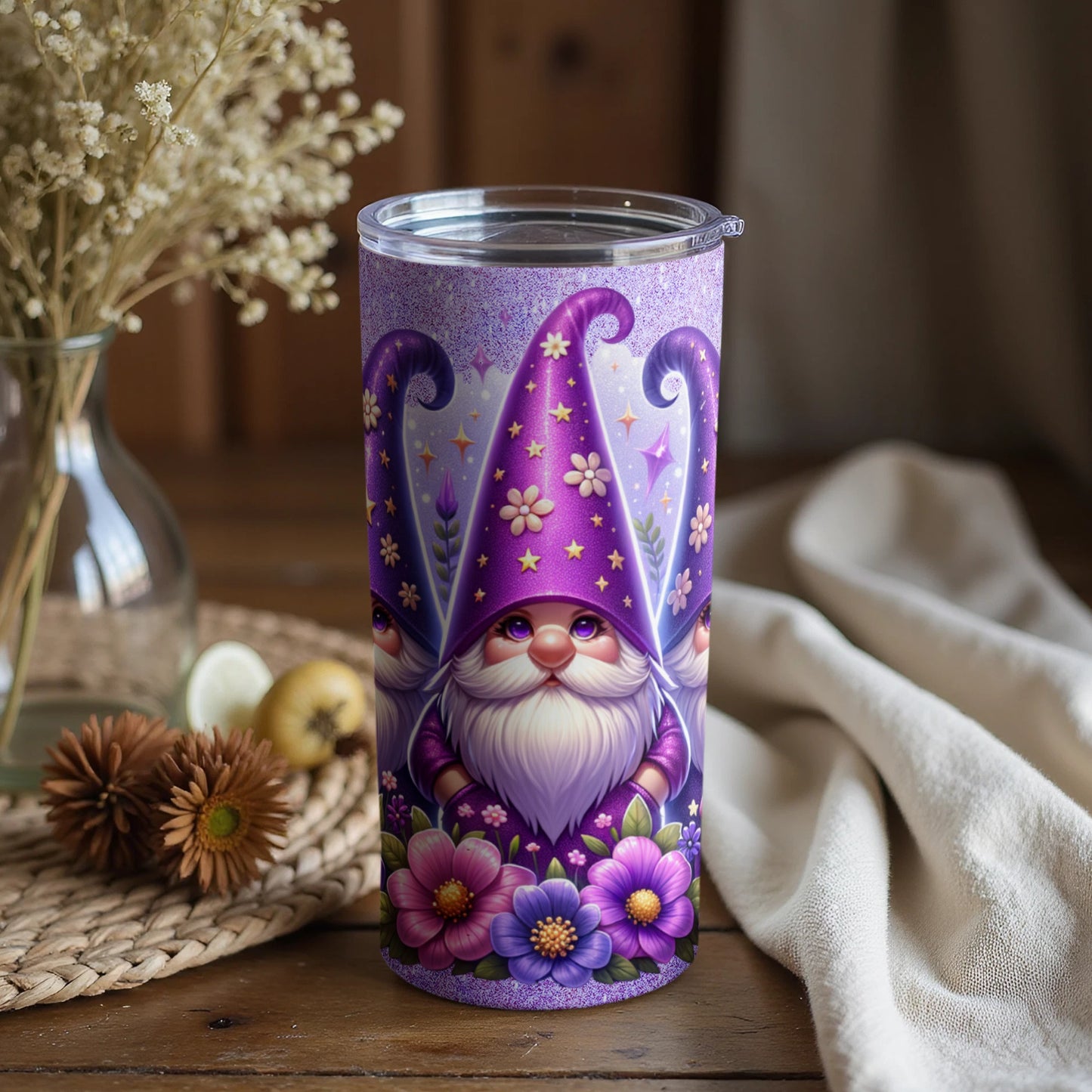 Purple Gnome with Flowers Art Insulated Tumbler