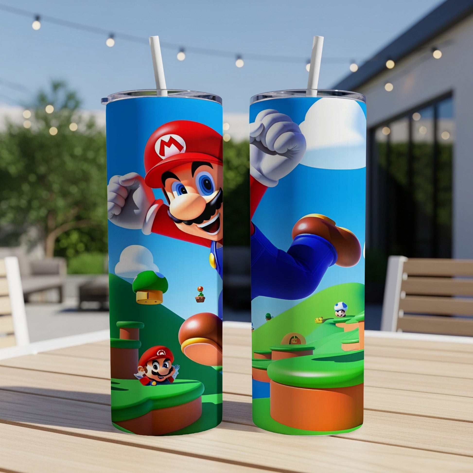 Mario leaping with Yoshi, Super Mario characters and scenery.