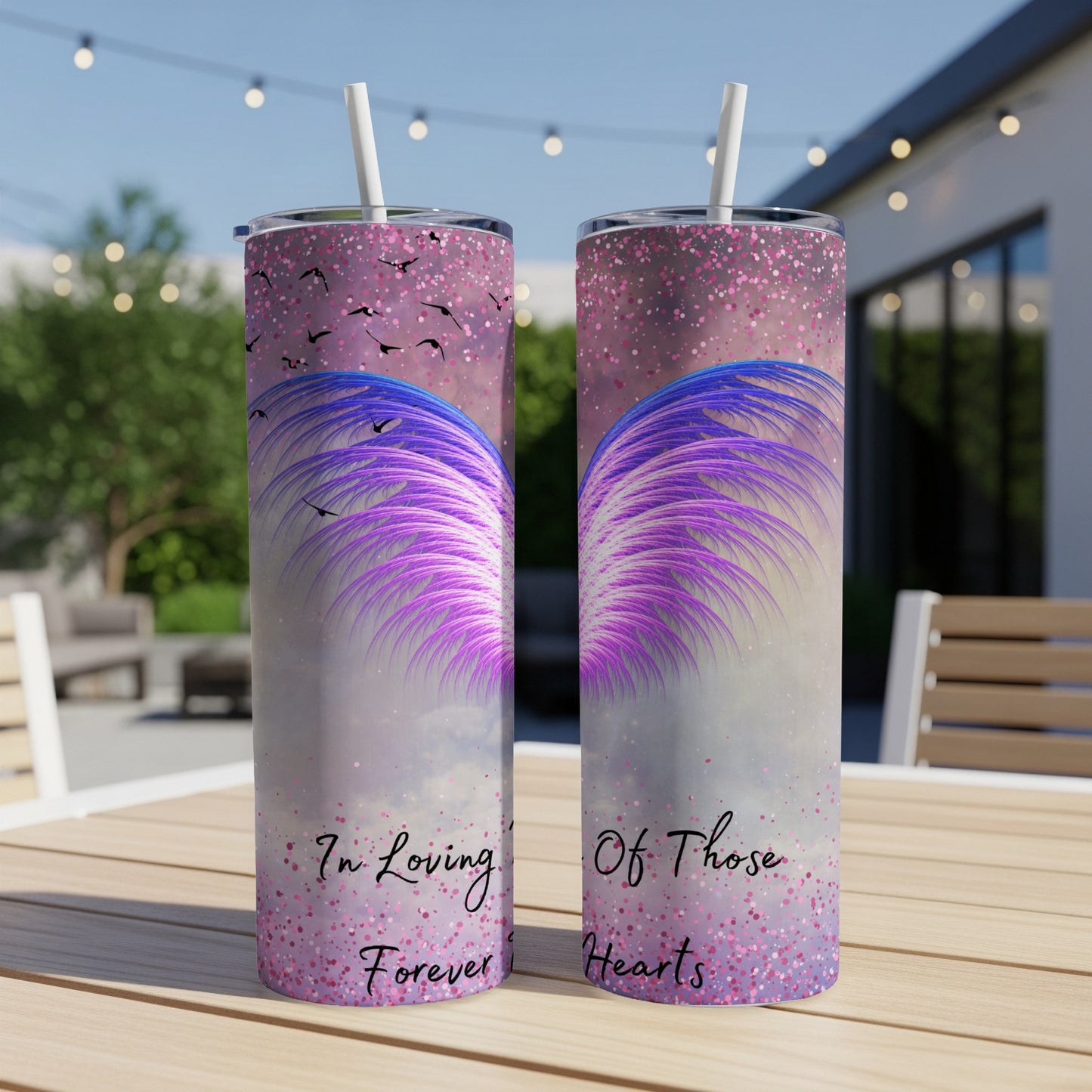 Two tumblers with purple feather design and "In Loving Memory Of Those Forever Hearts" text.
