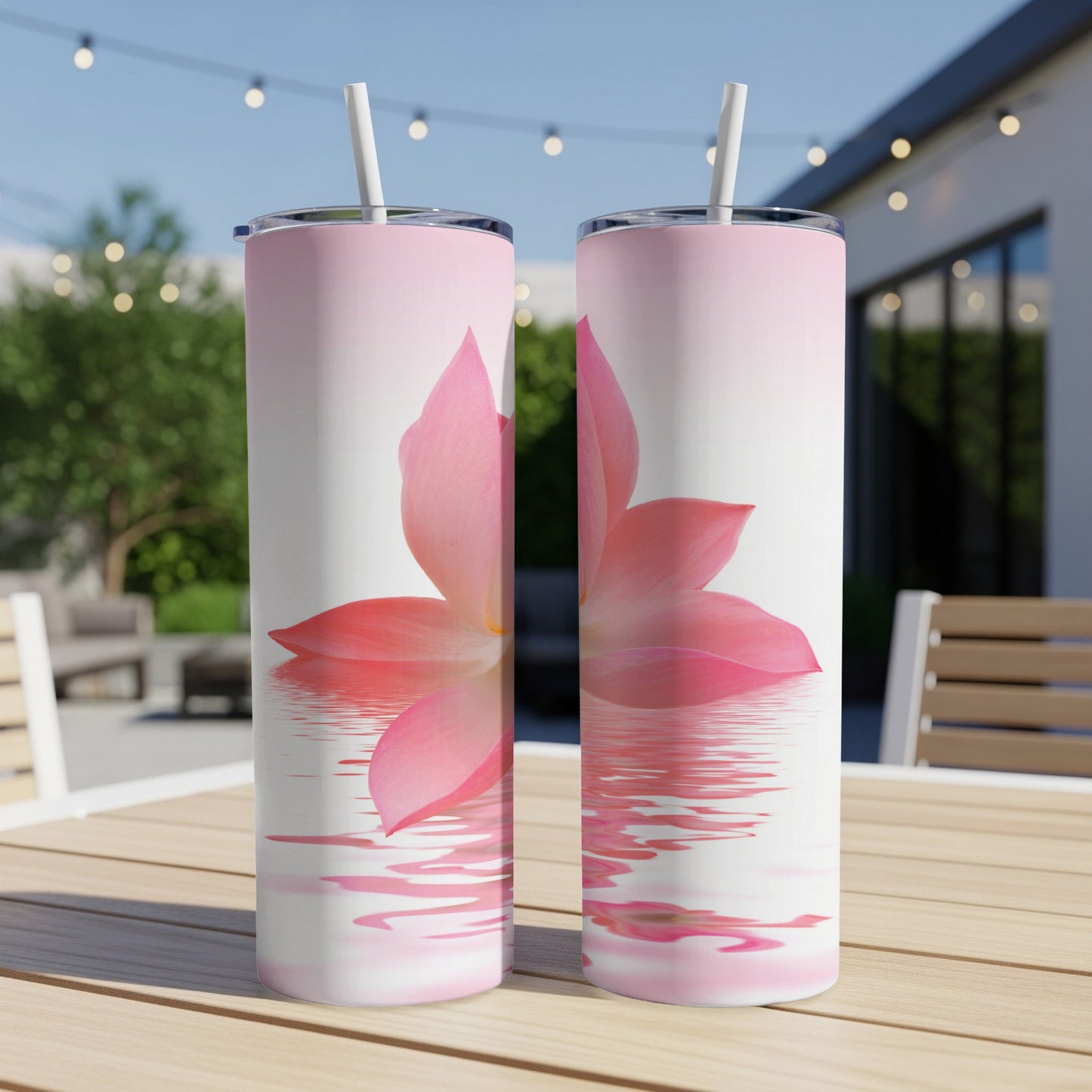 Two tumblers with pink lotus flower design and reflection on water.