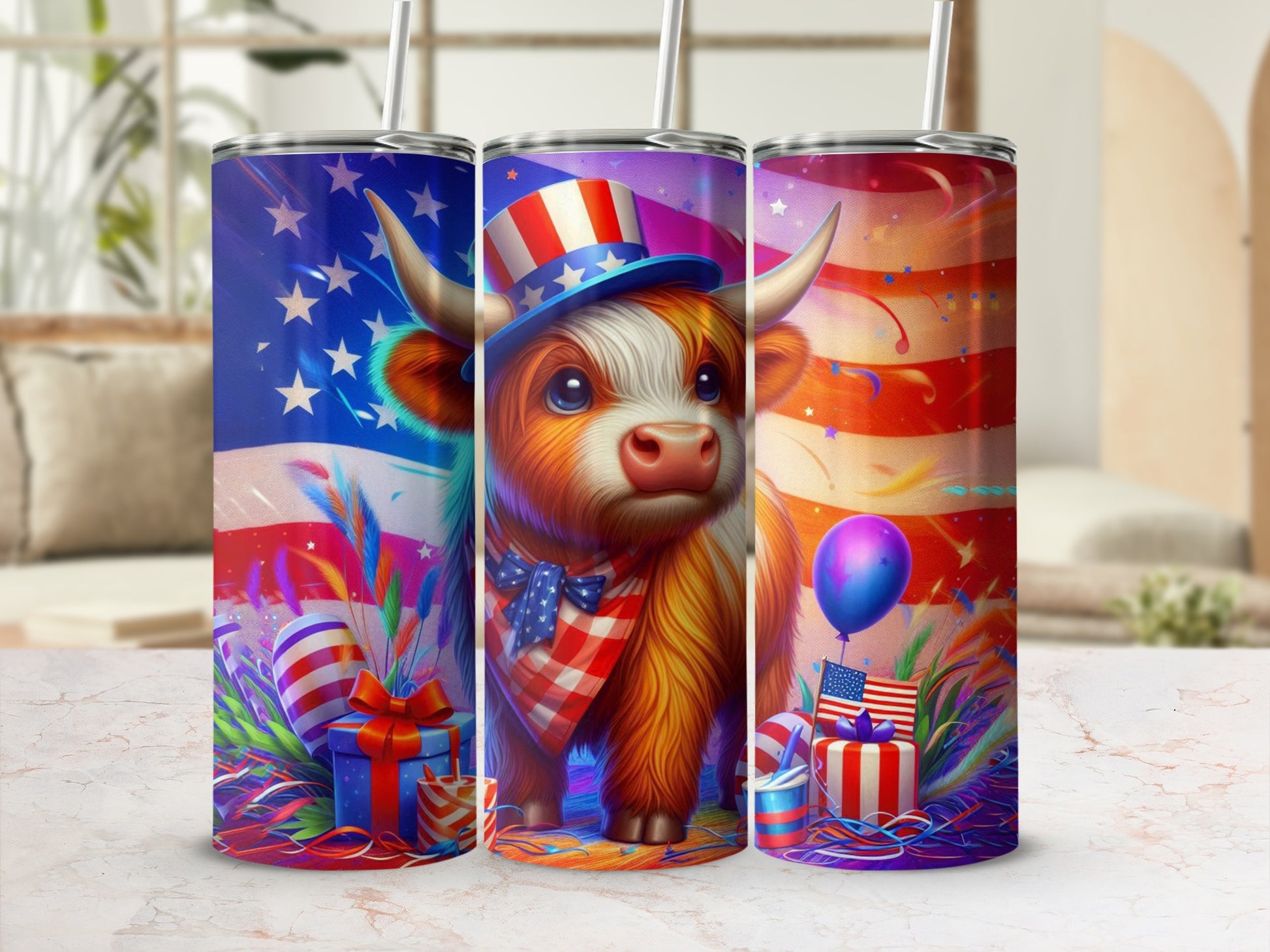 Highland cow in patriotic hat and bandana with fireworks and gifts.