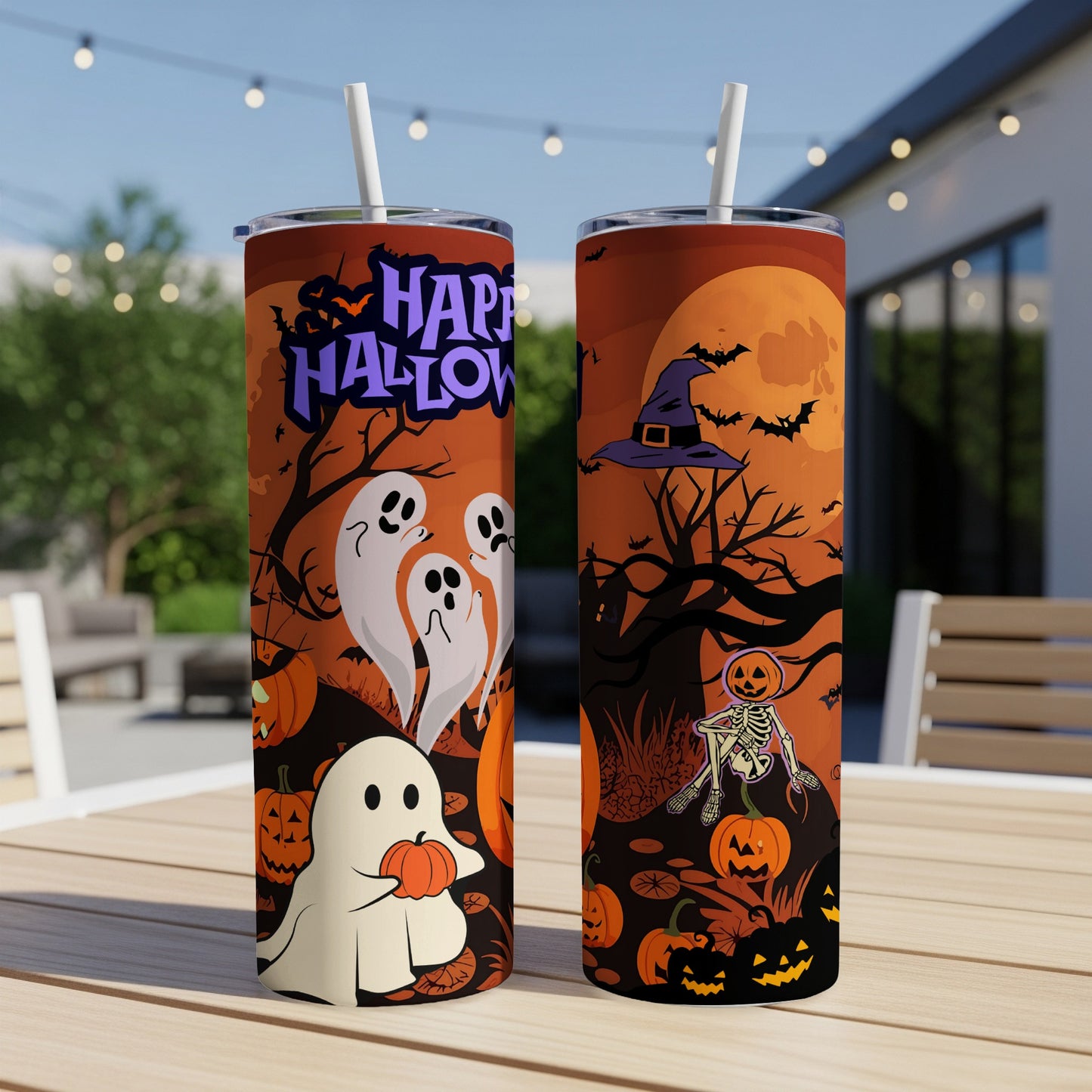 Halloween themed tumblers with ghosts, pumpkins, skeleton, and bats.