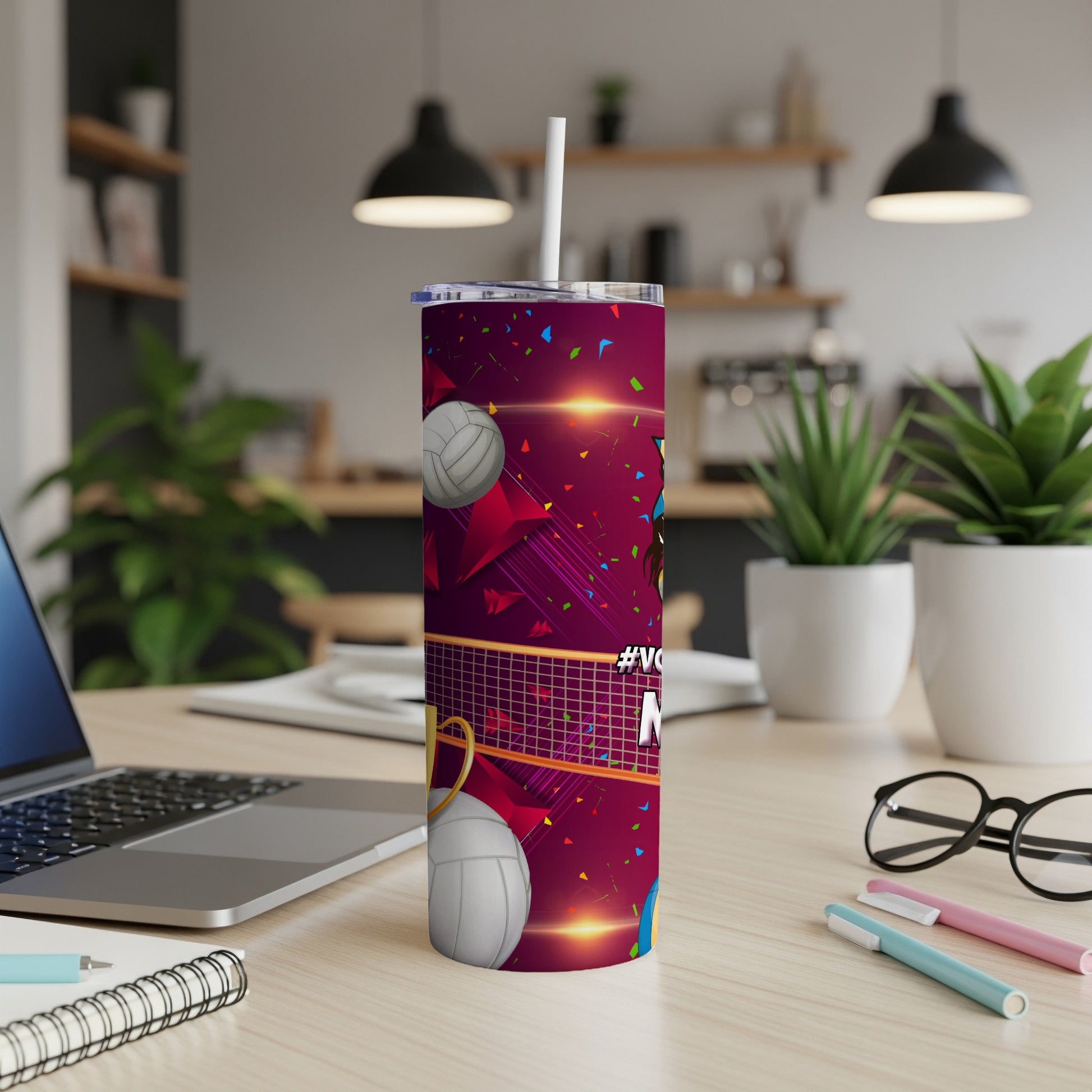 Maroon tumbler with volleyball graphic and "#VolleyLife" text.