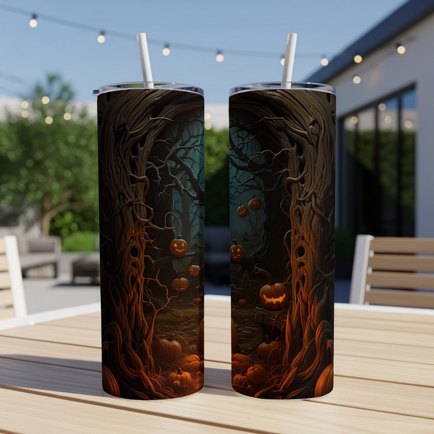 Two tumblers with a spooky forest scene and glowing jack-o'-lanterns.