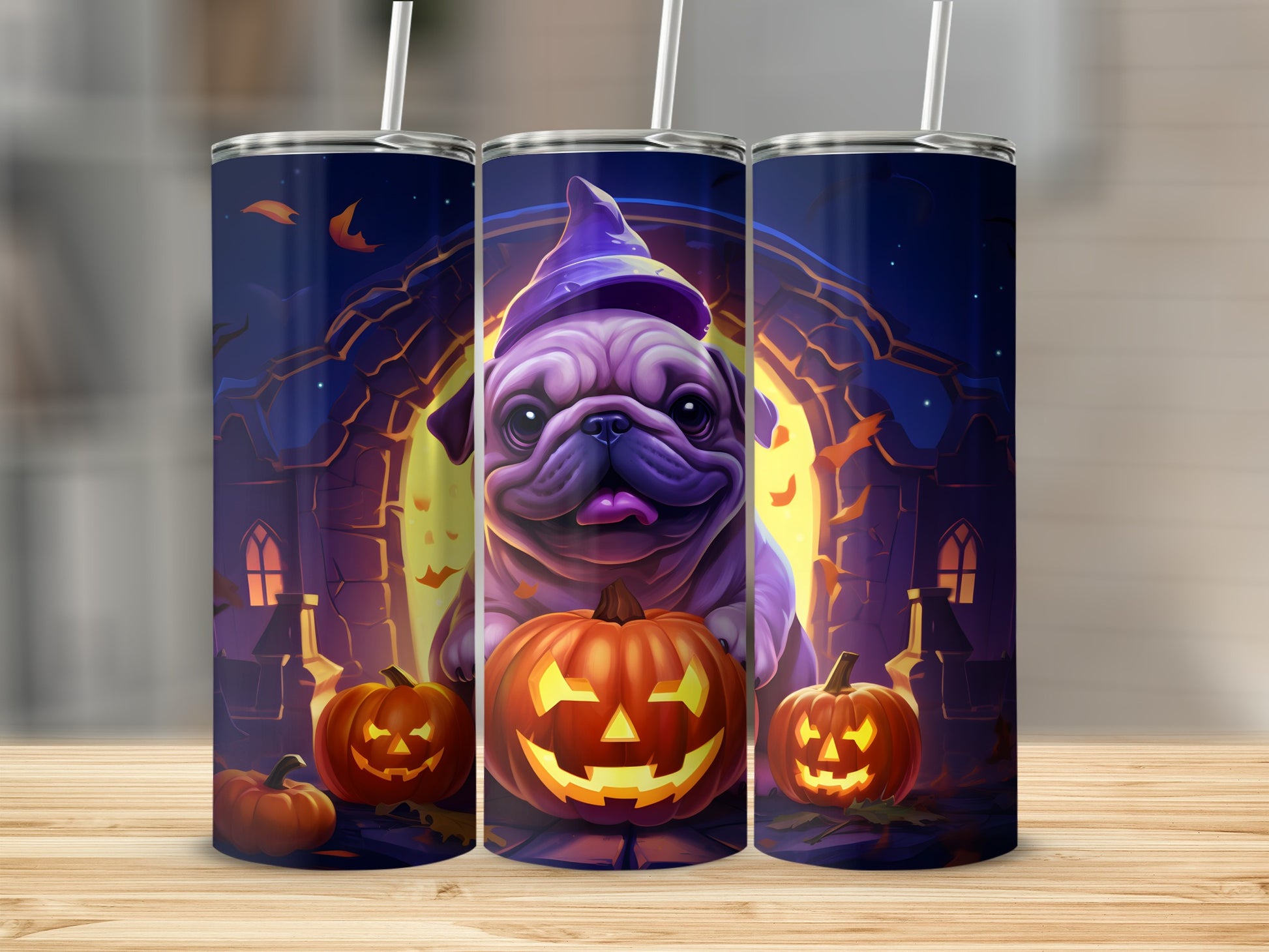 Halloween pug in witch hat holding jack-o'-lanterns with haunted house background.