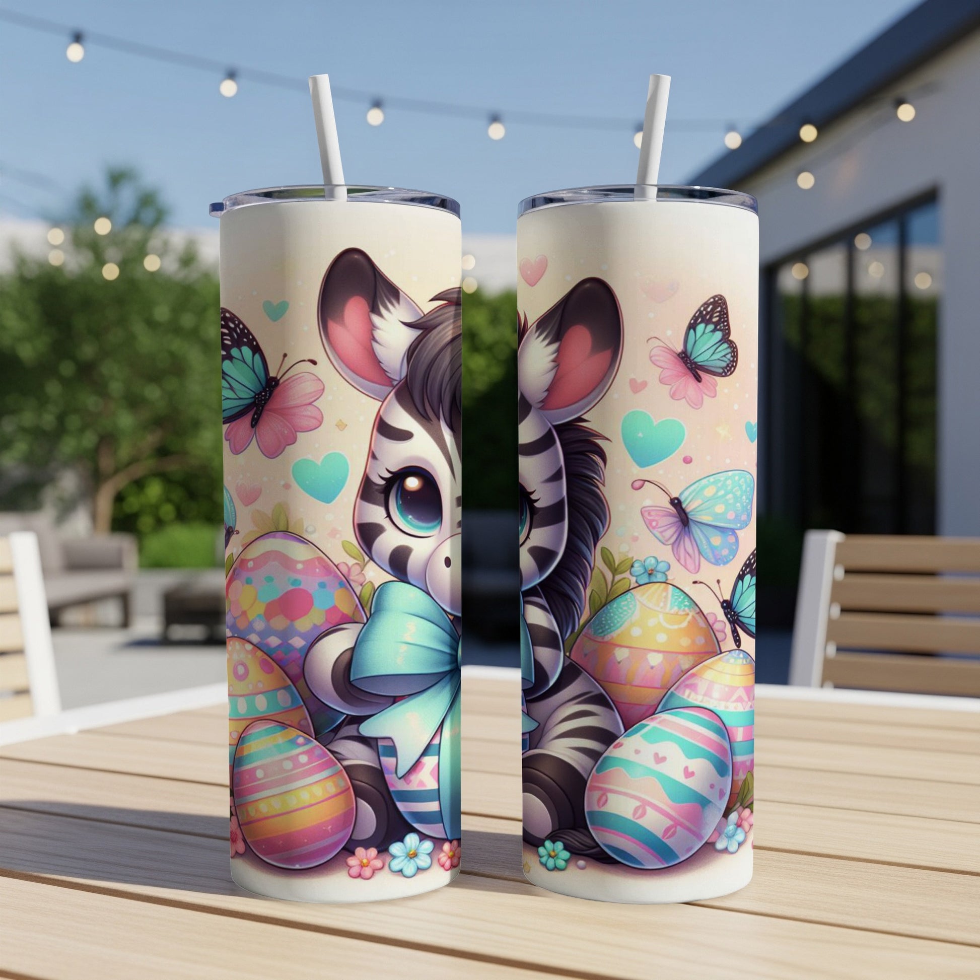 Two colorful Easter-themed tumblers featuring a cartoon zebra surrounded by eggs and butterflies.