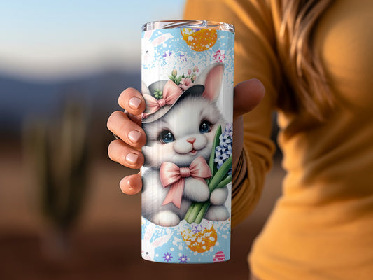 Adorable Floral Bunny with Pink Bow Tumbler Cup