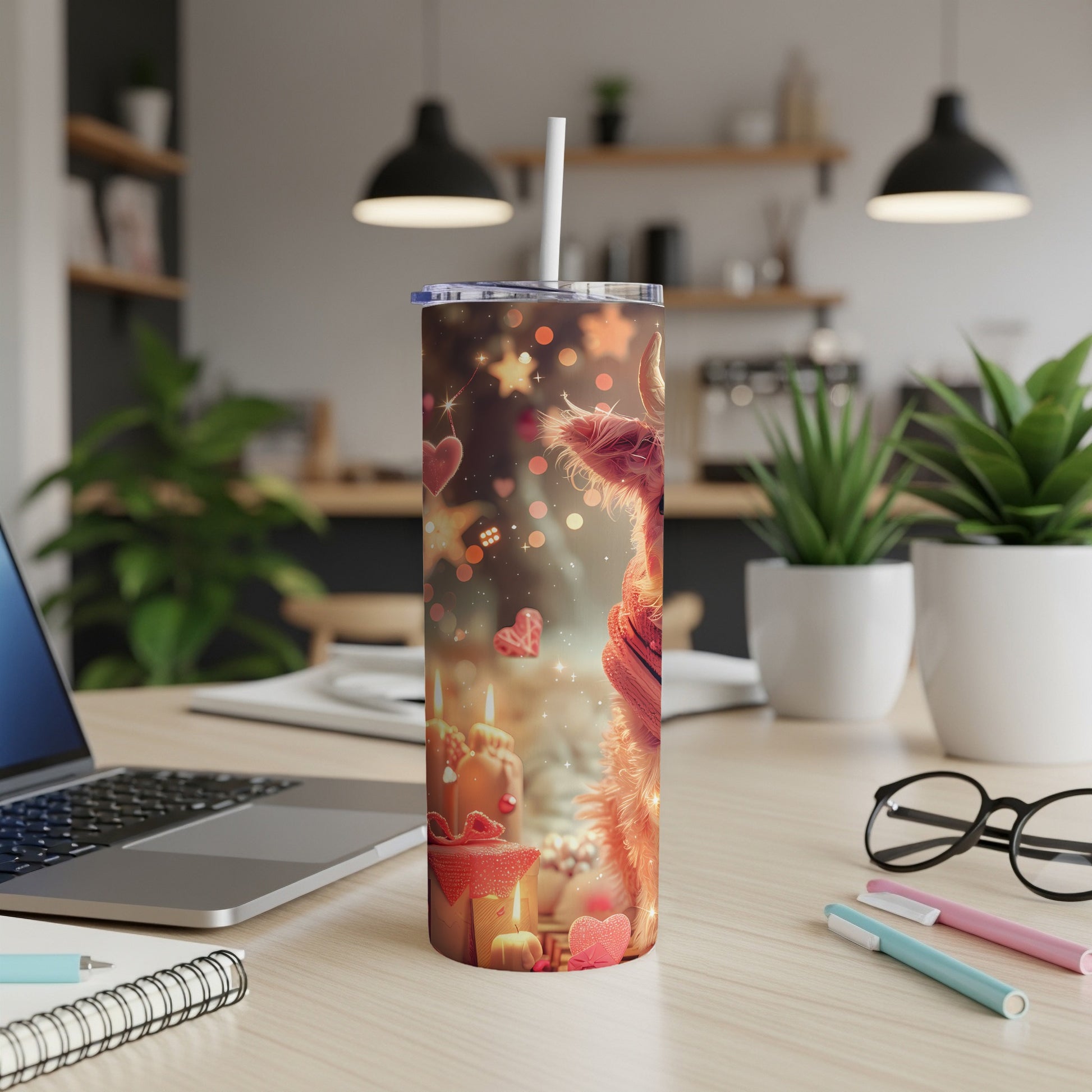 Festive cow design on a tumbler with candles and hearts, on a desk.