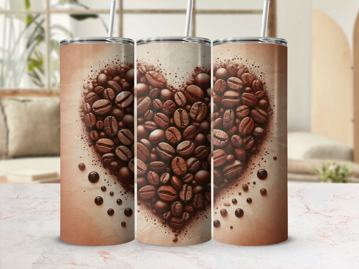 Three tumblers with a heart made of coffee beans design.