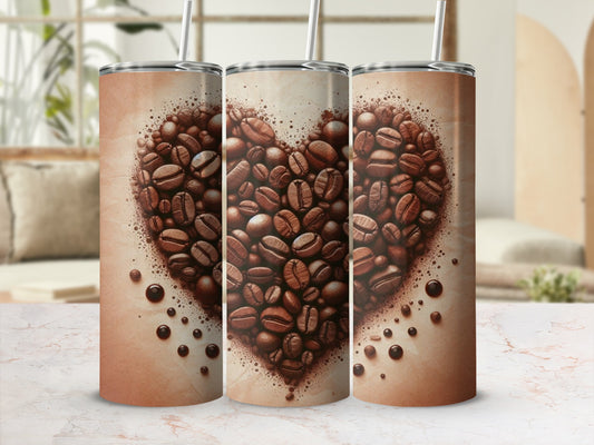 Three tumblers with a heart made of coffee beans design.