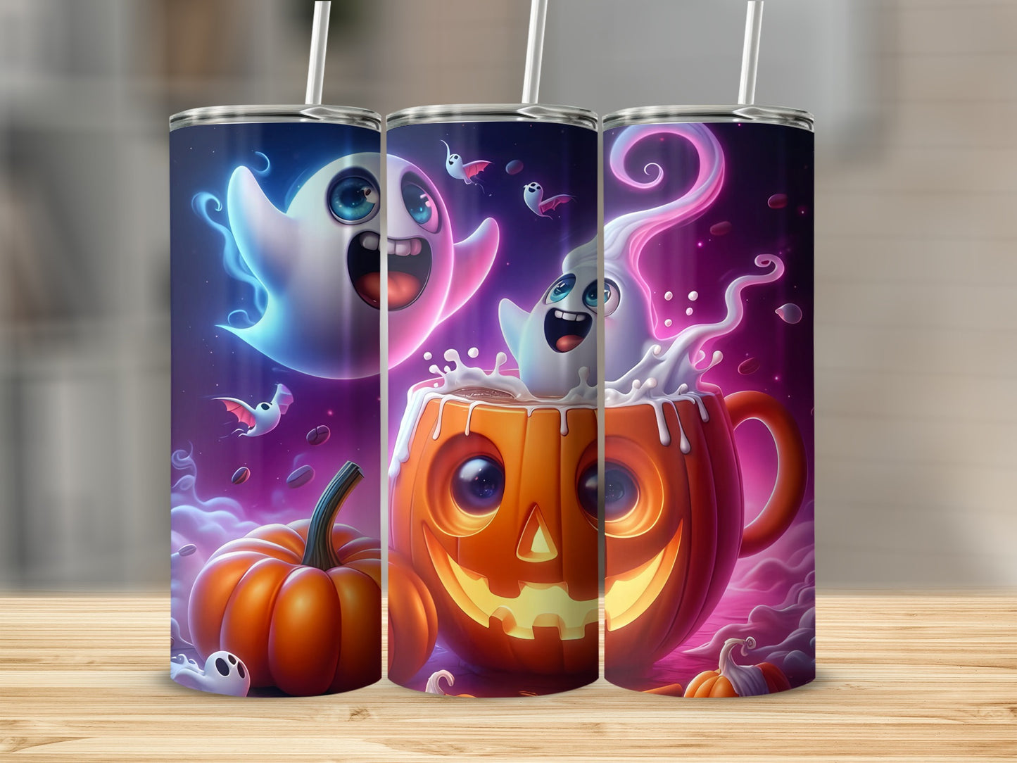 Three tumblers featuring cartoon ghosts and jack-o'-lanterns with a Halloween theme.