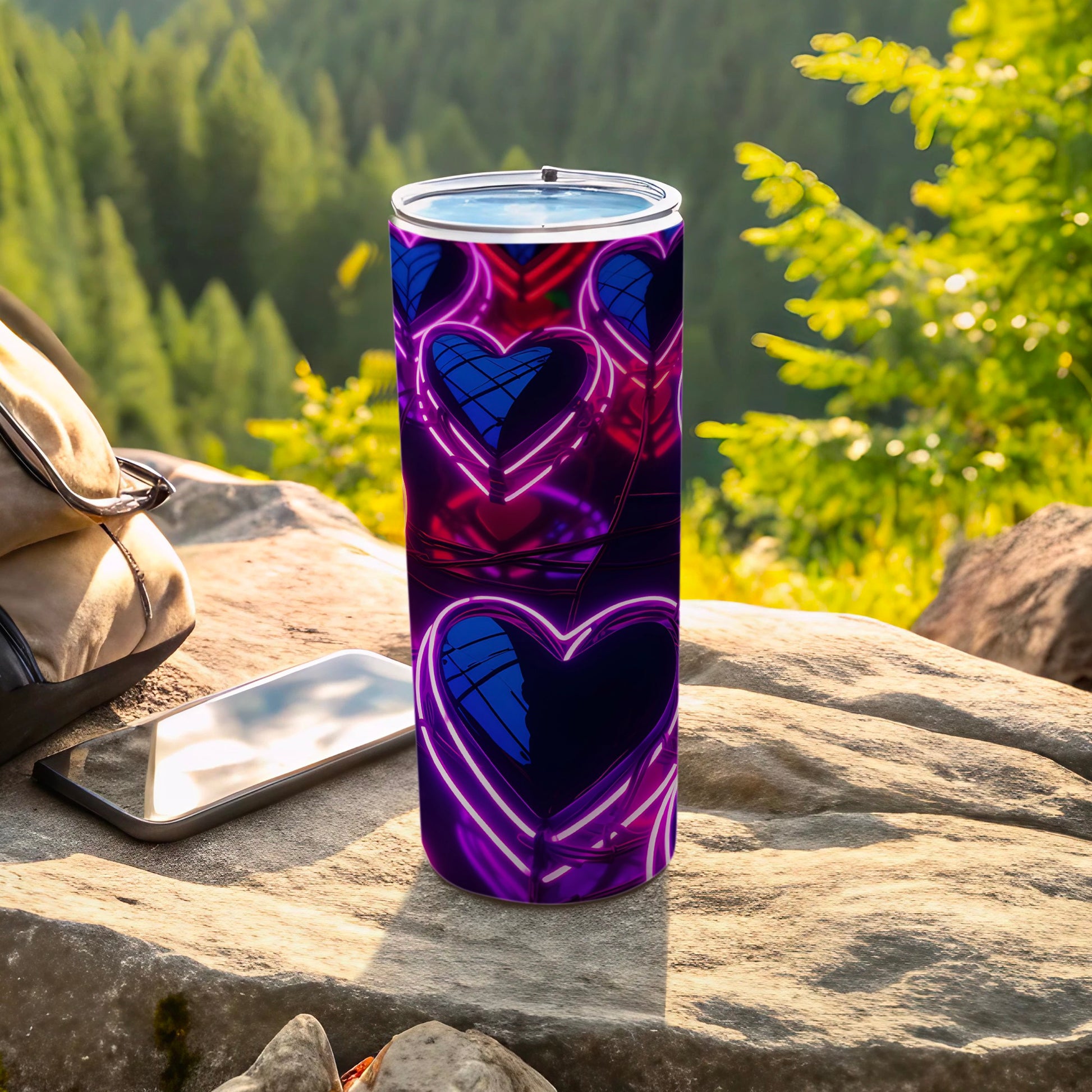 Purple tumbler with neon blue heart design on rocky surface.