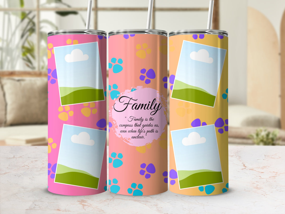 Three tumblers with paw prints and photo frames. Center tumbler has "Family" quote.