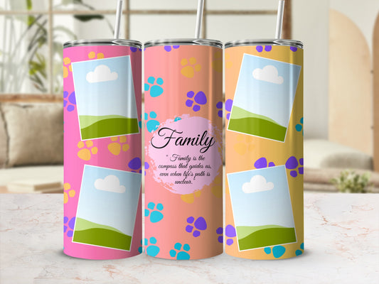 Three tumblers with paw prints and photo frames. Center tumbler has "Family" quote.