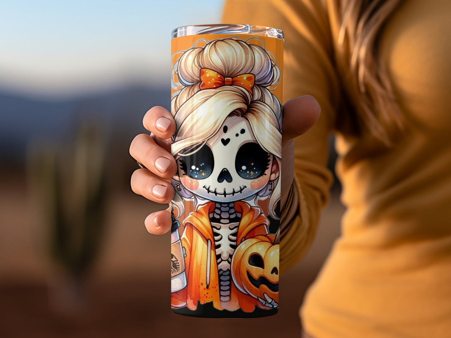 Cute Skeleton Girl with Jack-o'-Lantern Tumbler