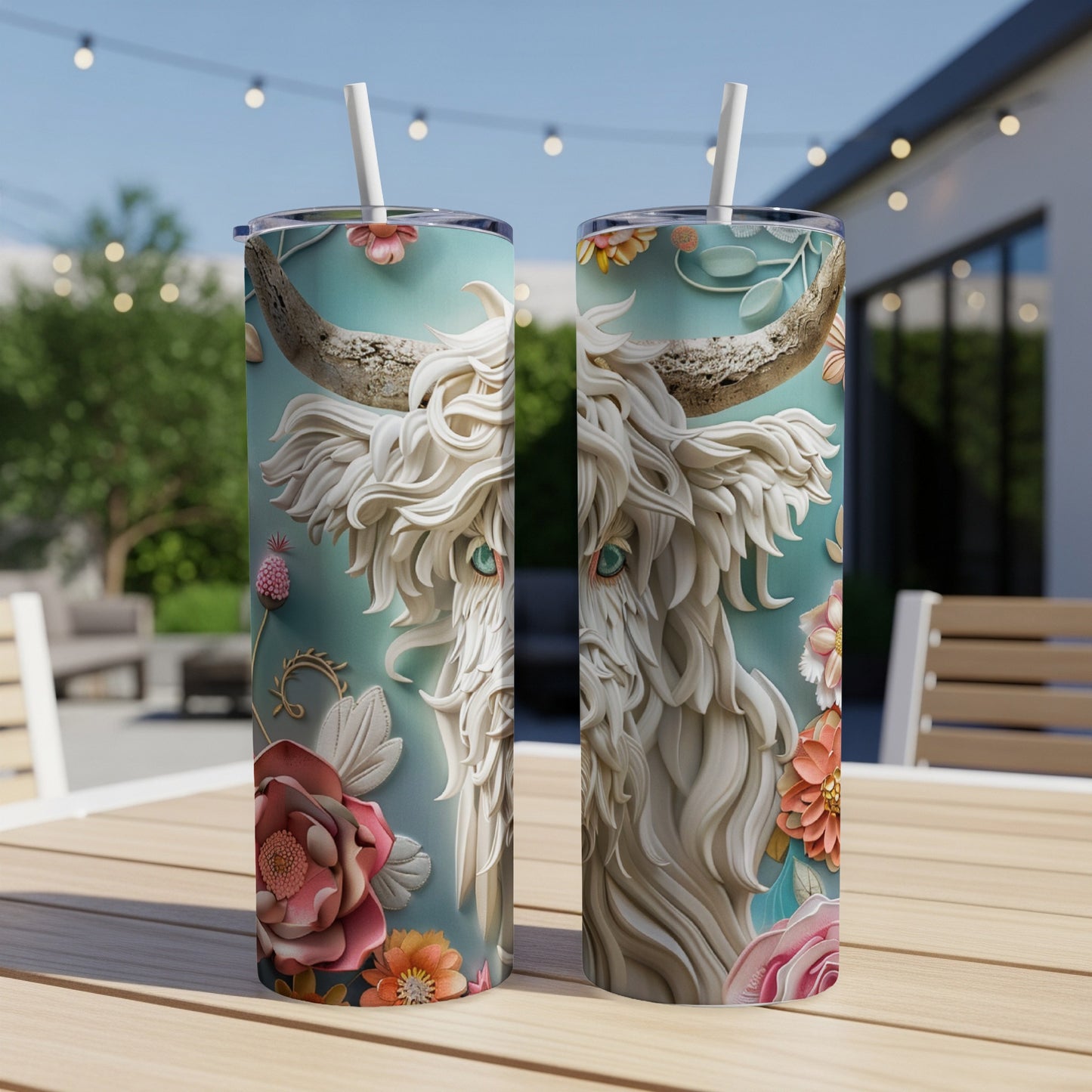 Tall, teal tumbler with a Highland cow design and floral accents.
