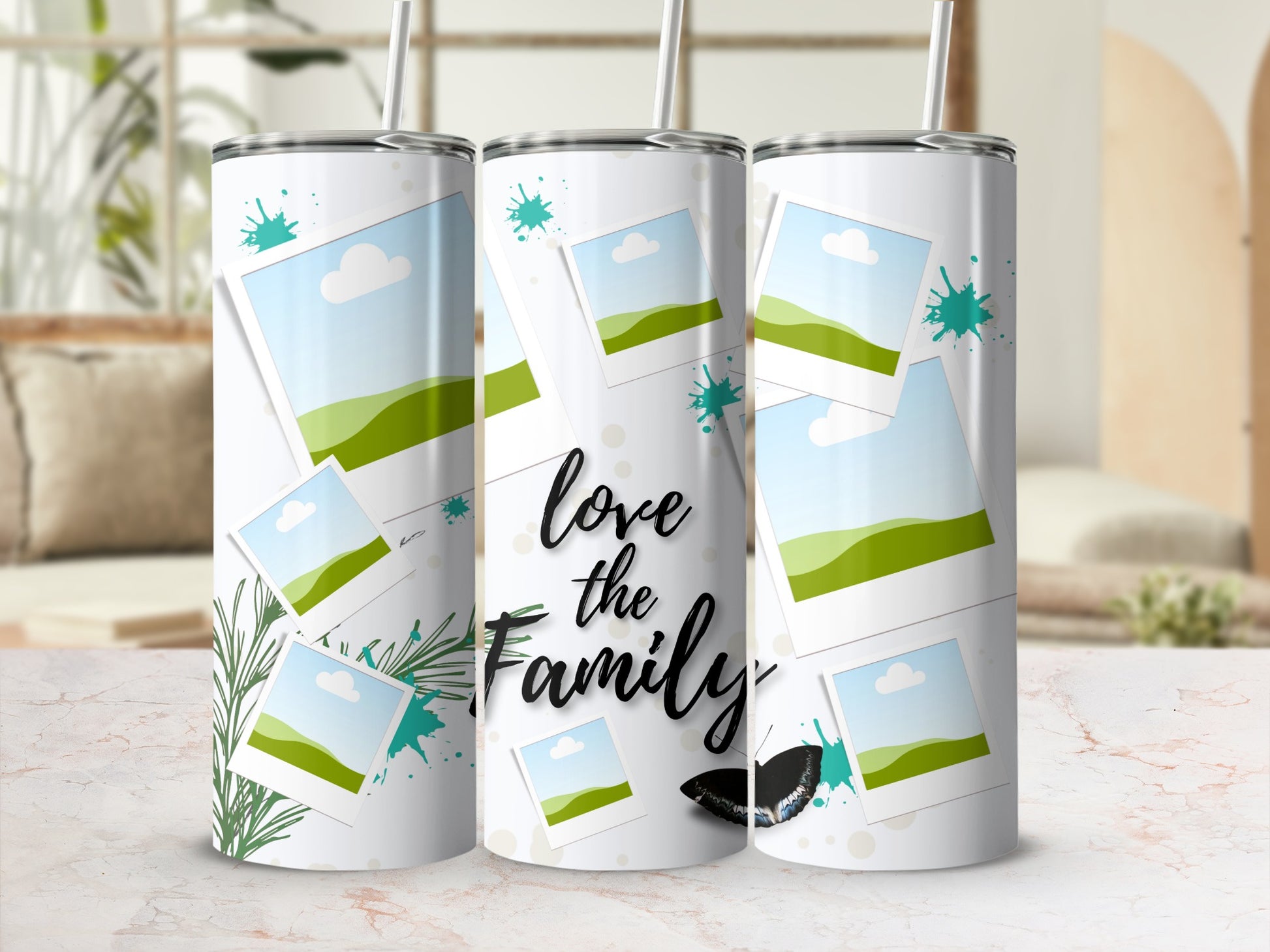 Tumbler with "love the Family" text and photo frame designs.
