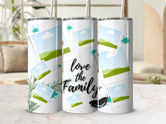 Tumbler with "love the Family" text and photo frame designs.
