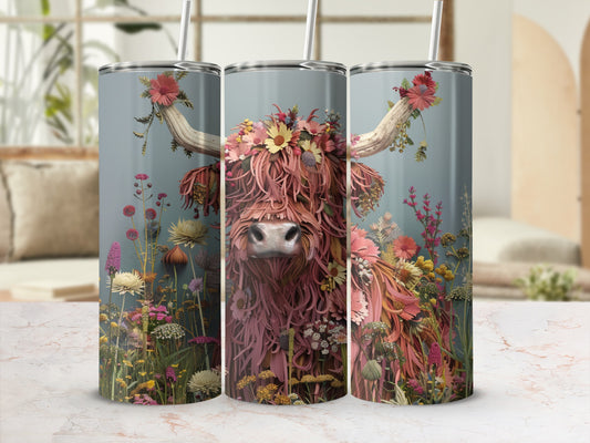 Highland cow with floral headdress on a patterned tumbler.