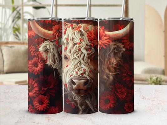 Triptych of tumblers featuring a Highland cow with floral accents.