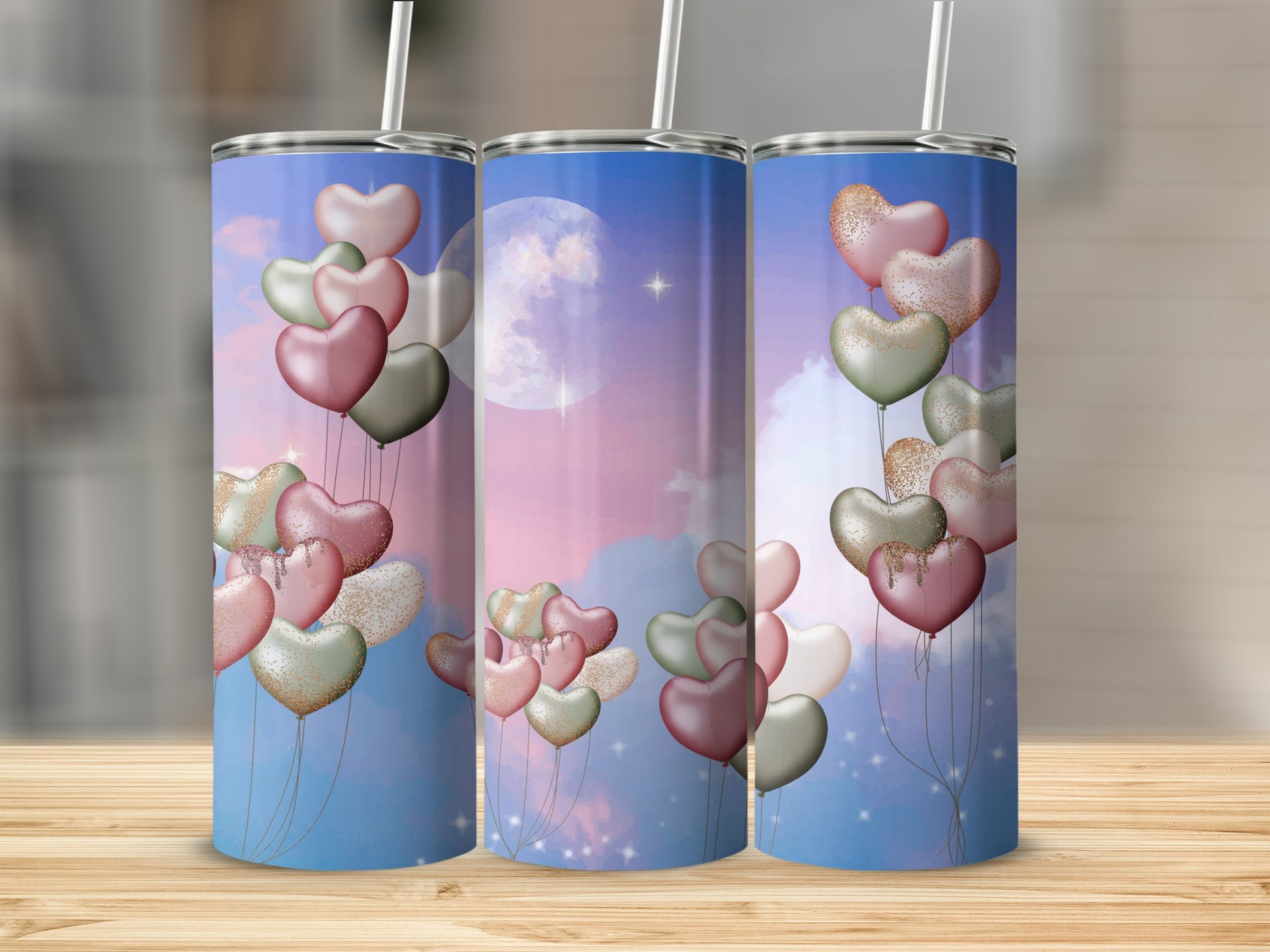 Heart Balloons and Moonlit Sky Tumbler Design