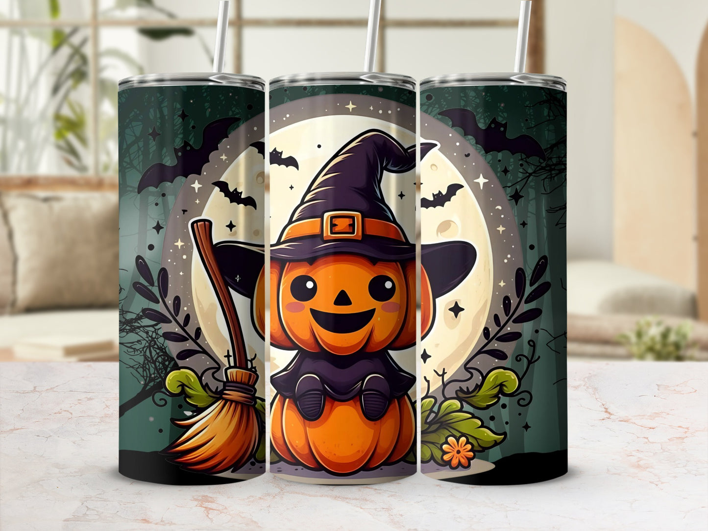 Cute Pumpkin With Witch Hat Halloween Tumbler Design
