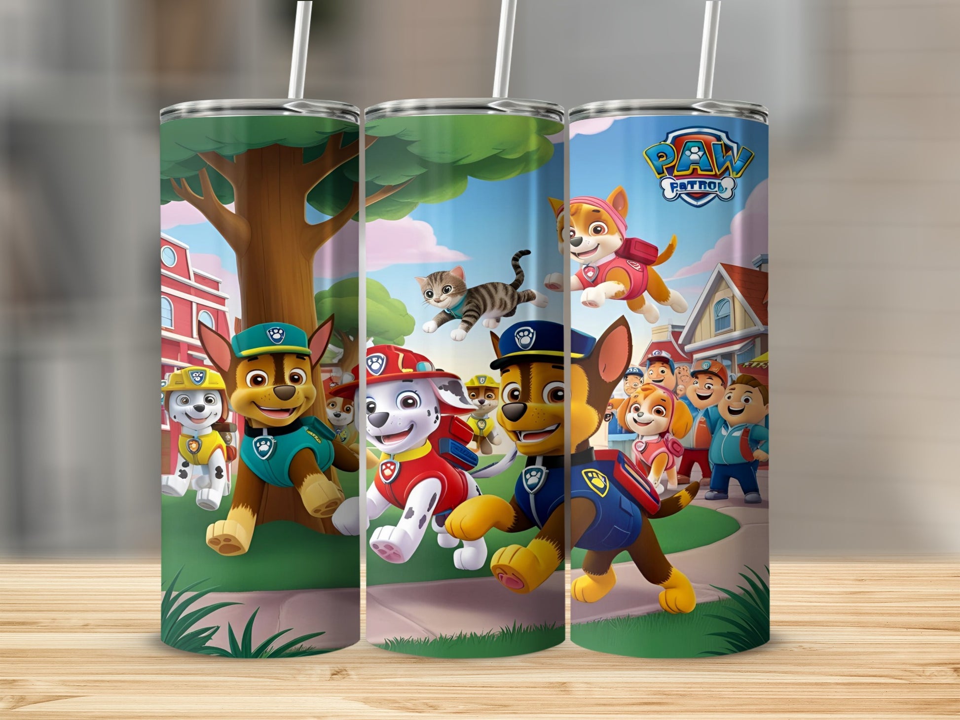 Paw Patrol characters running through a cartoon town on a tumbler.