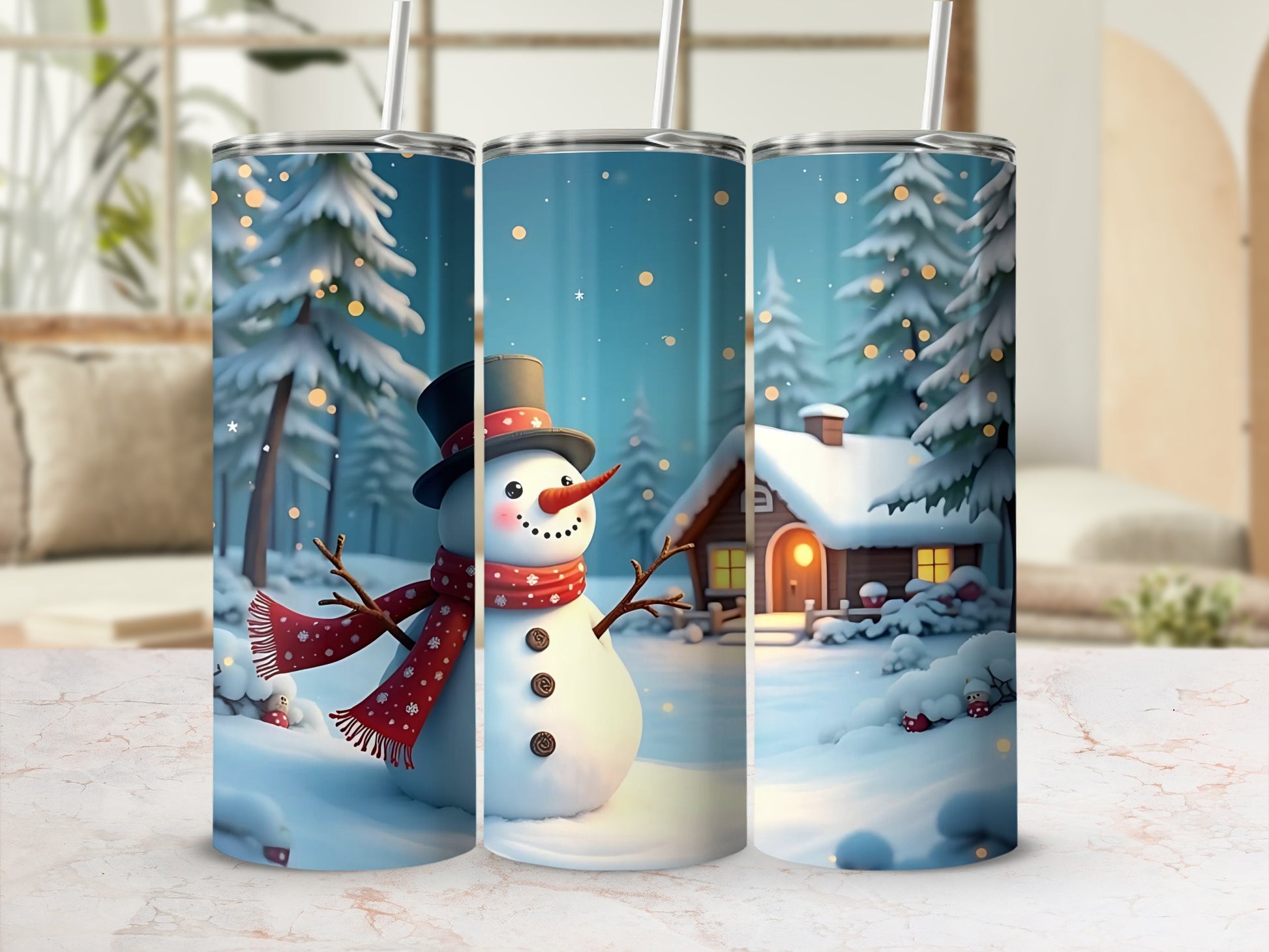Snowman and Cozy Winter Cabin Scene Tumbler