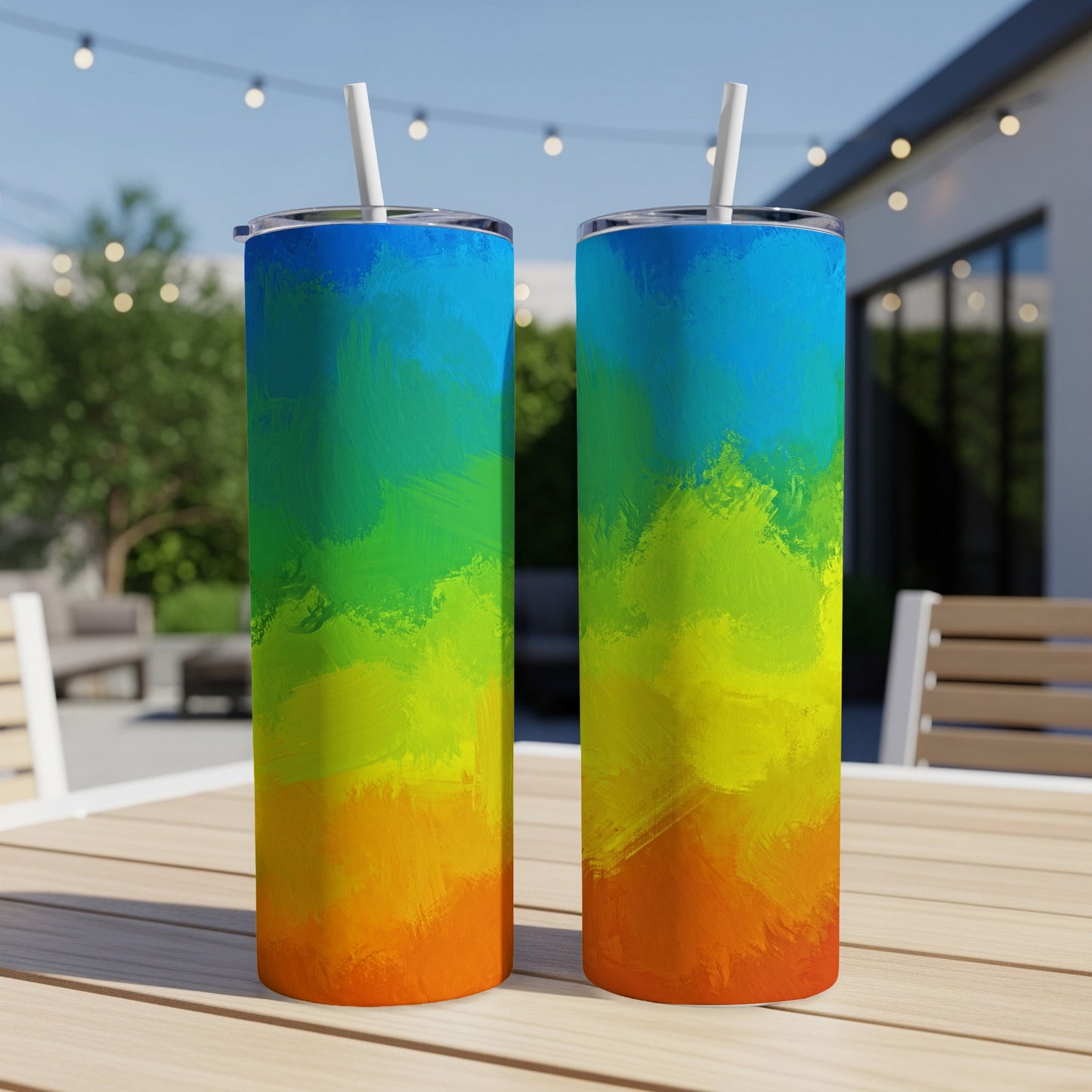 Two tall tumblers with rainbow gradient design on an outdoor table.