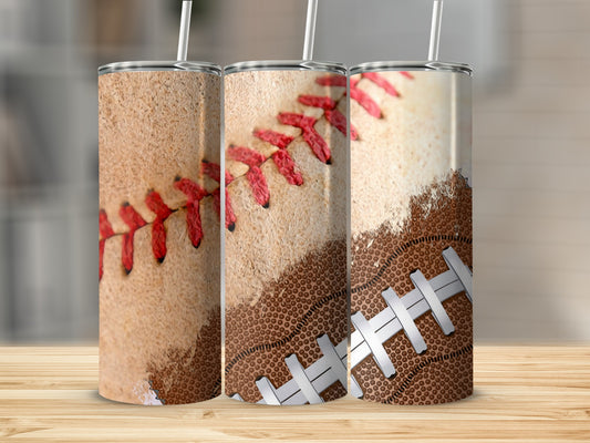 Tumbling tumbler with football stitching and laces design.