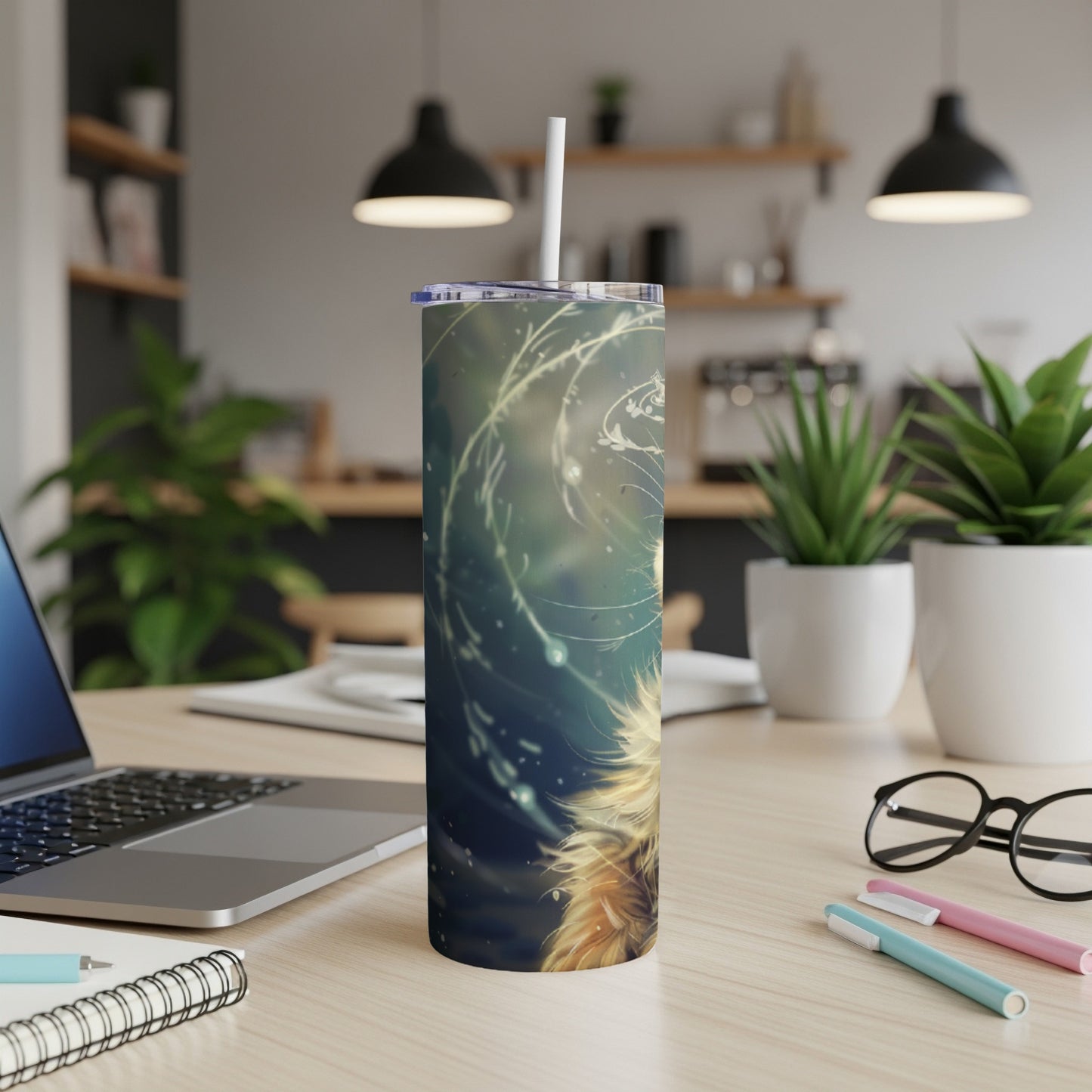 Tumbler with golden fur and abstract swirling light patterns.