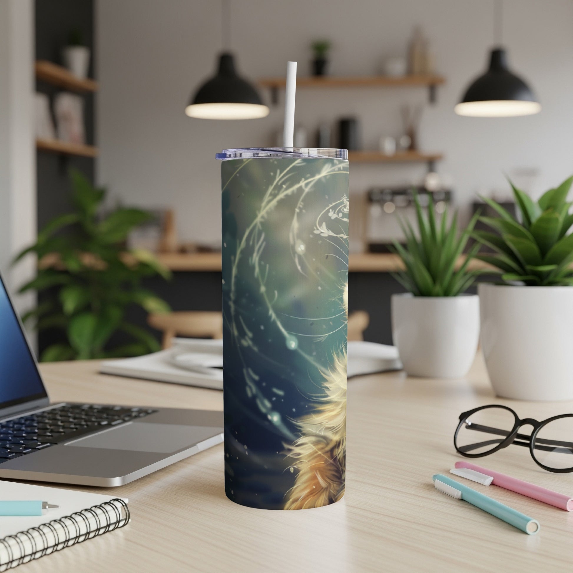 Tumbler with golden fur and abstract swirling light patterns.
