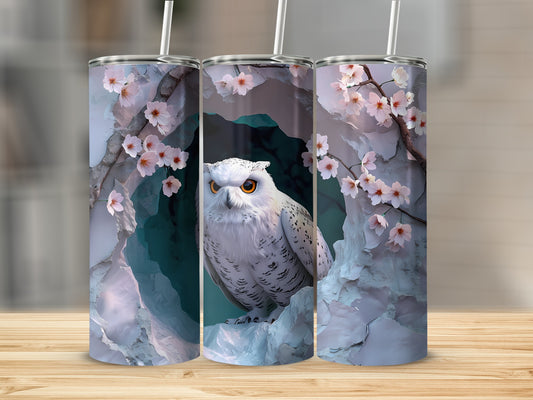 White owl with orange eyes on a grunge background, surrounded by cherry blossoms.