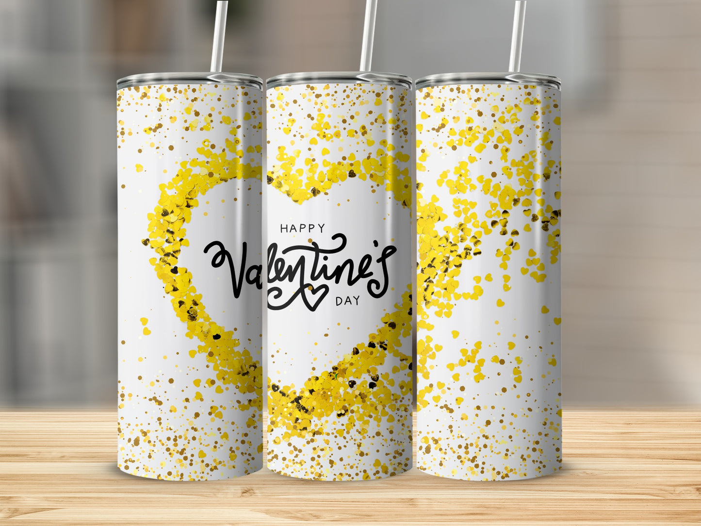 Happy Valentine's Day Yellow Heart Glitter Tumbler