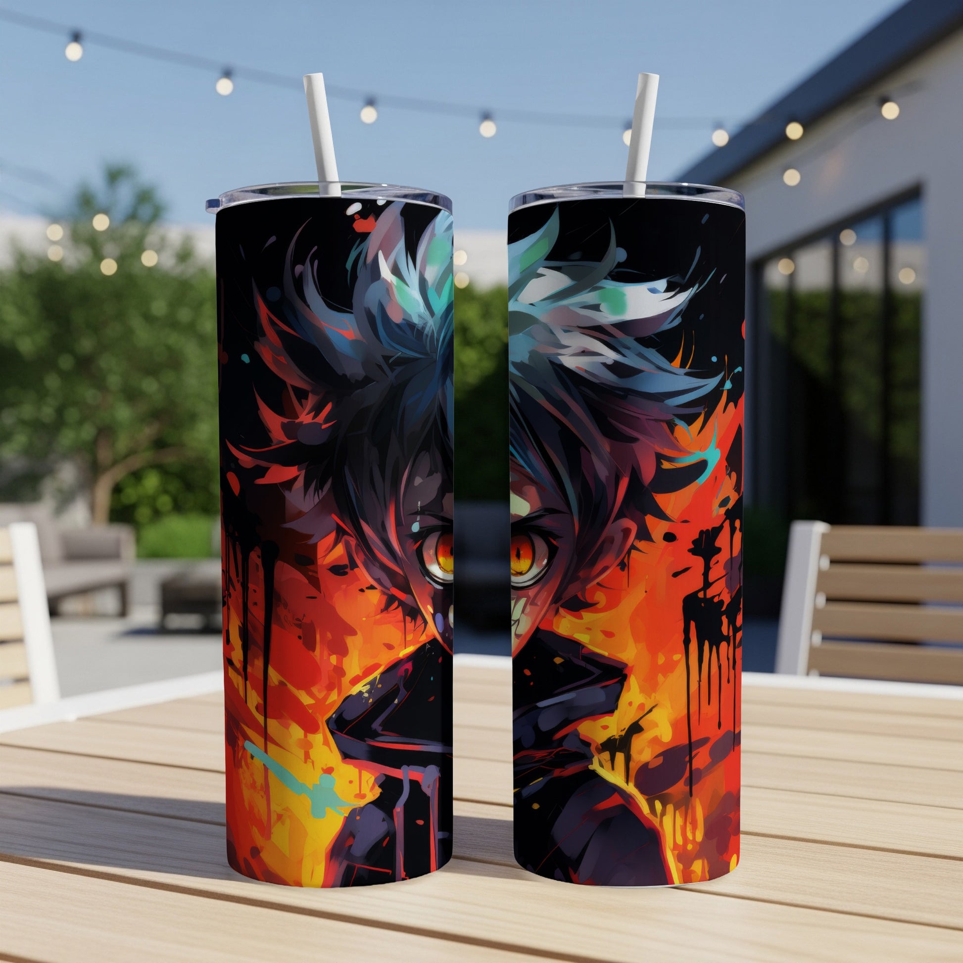 Two tumblers with anime-style artwork of a character's face in fiery colors.
