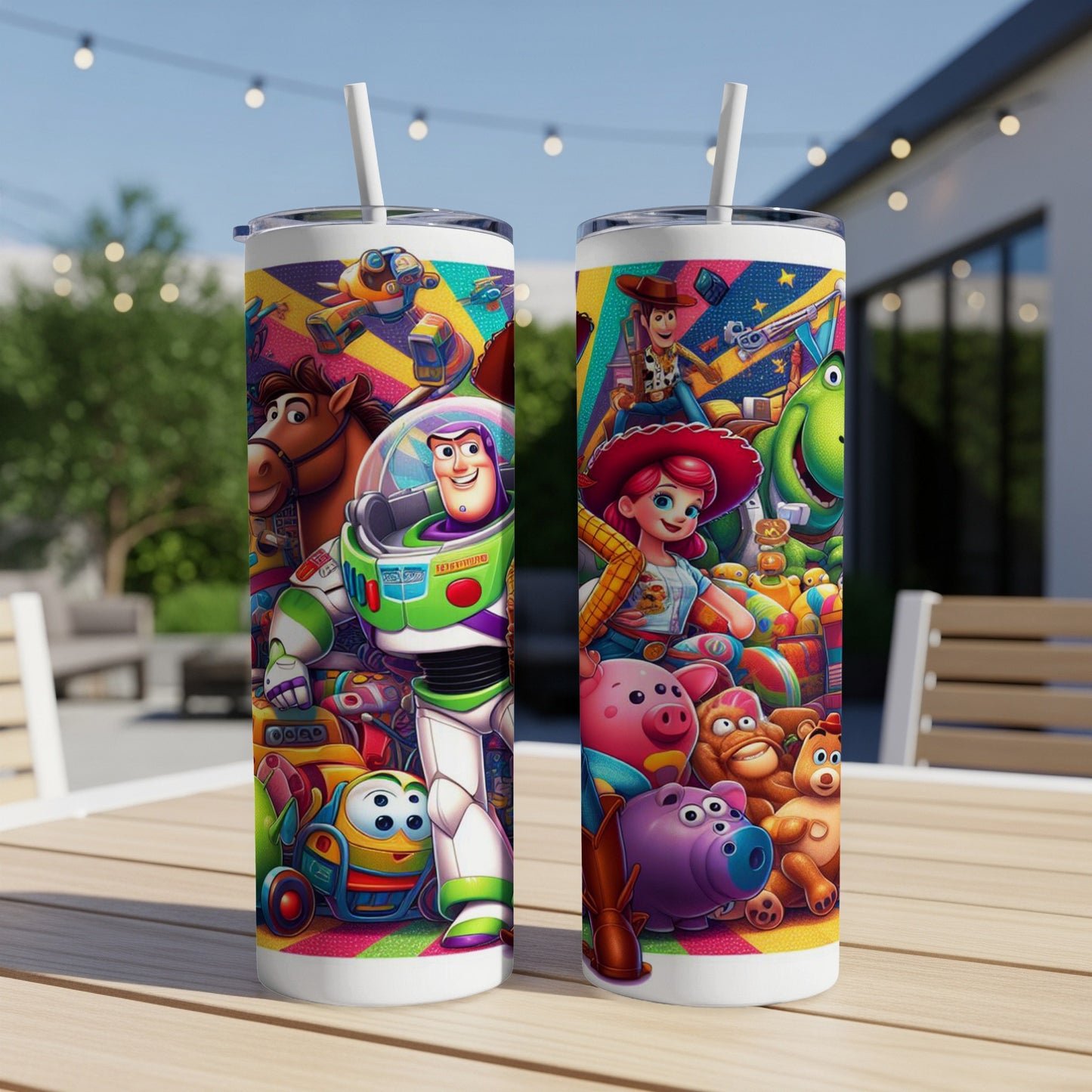 Toy Story characters Buzz Lightyear, Woody, and friends on a colorful tumbler.