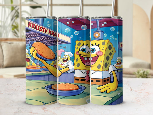 SpongeBob SquarePants holding a Krabby Patty in a kitchen setting.