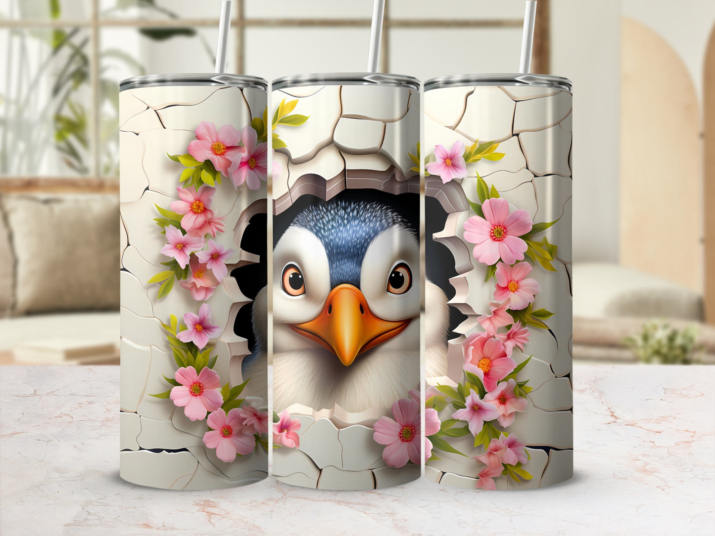 Cute Penguin Peeking Cracked Wall Pink Flowers Tumbler product type