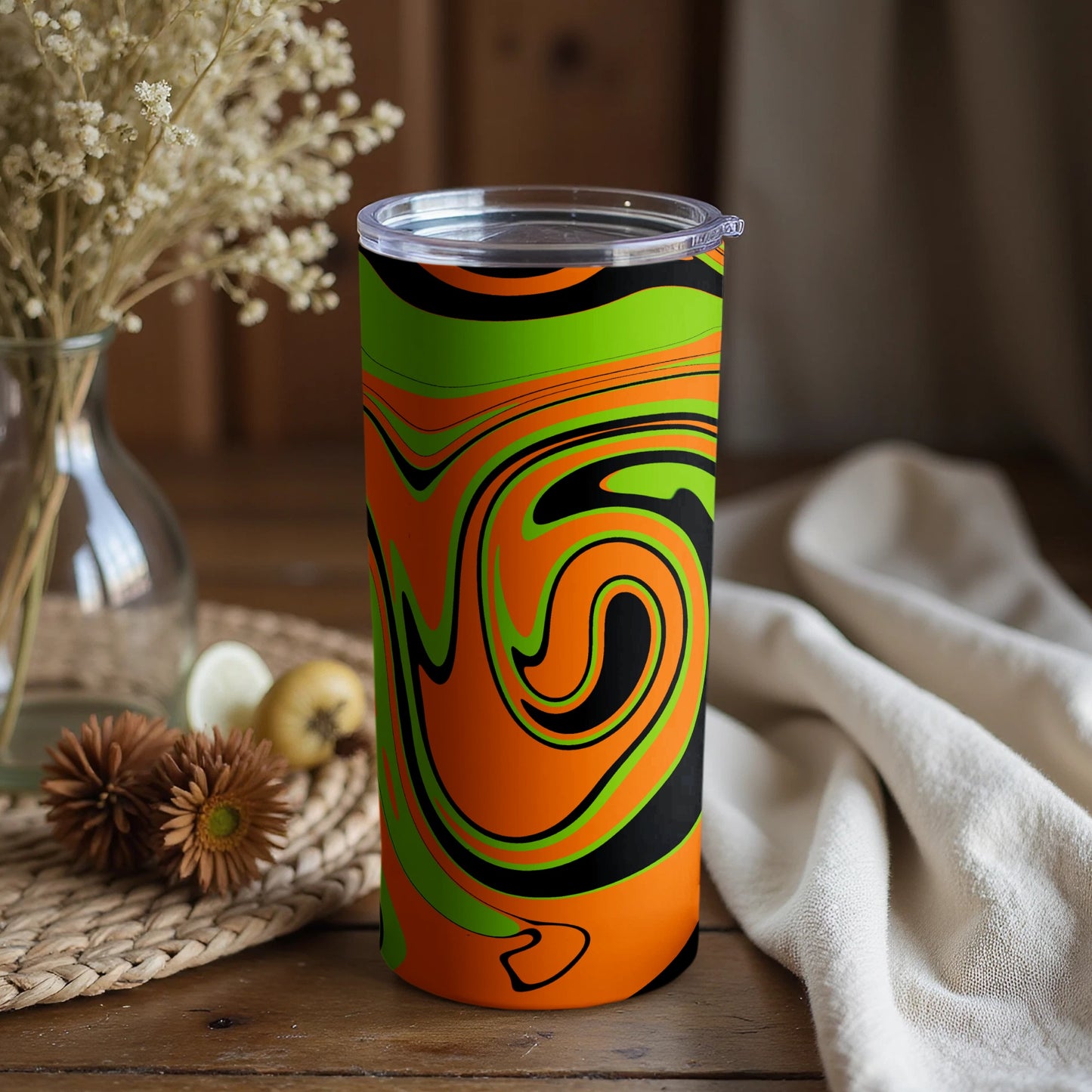 Vibrant Orange Green Black Swirl Design Tumbler