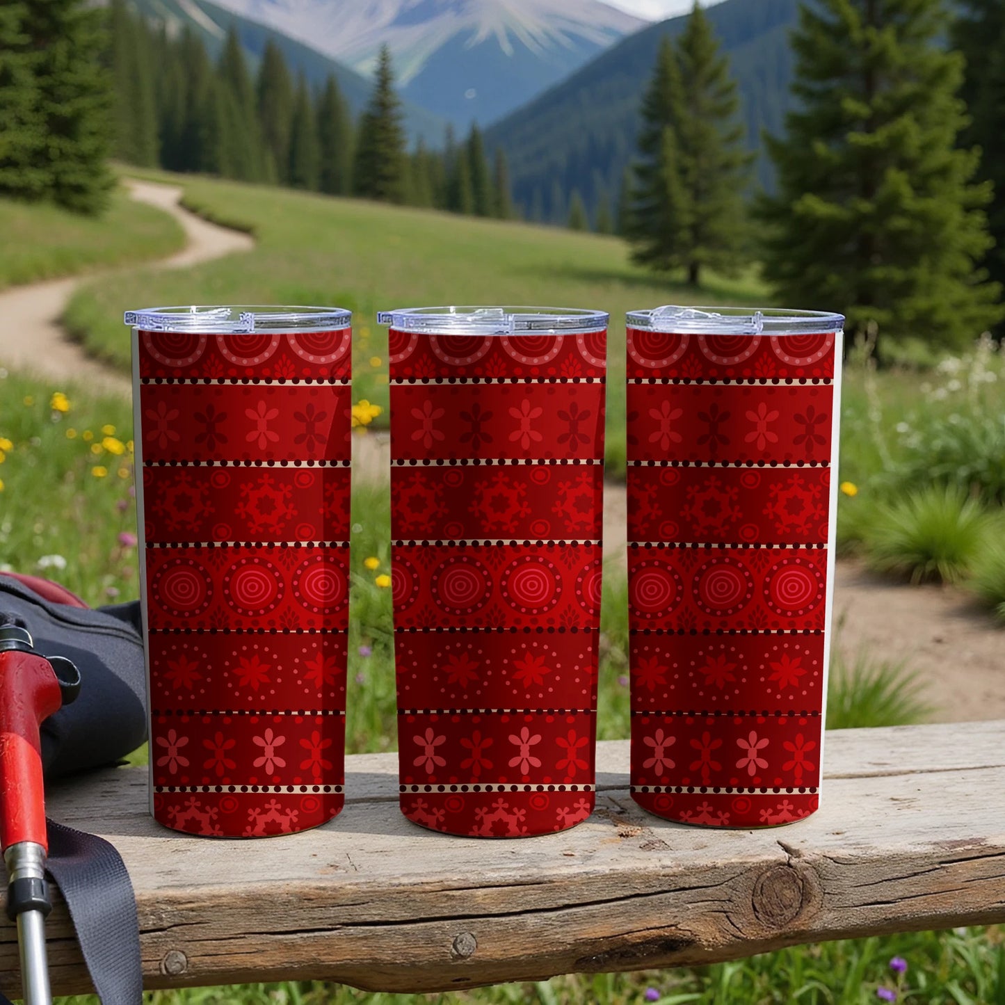 Three red patterned tumblers on a wooden surface with a scenic mountain backdrop.