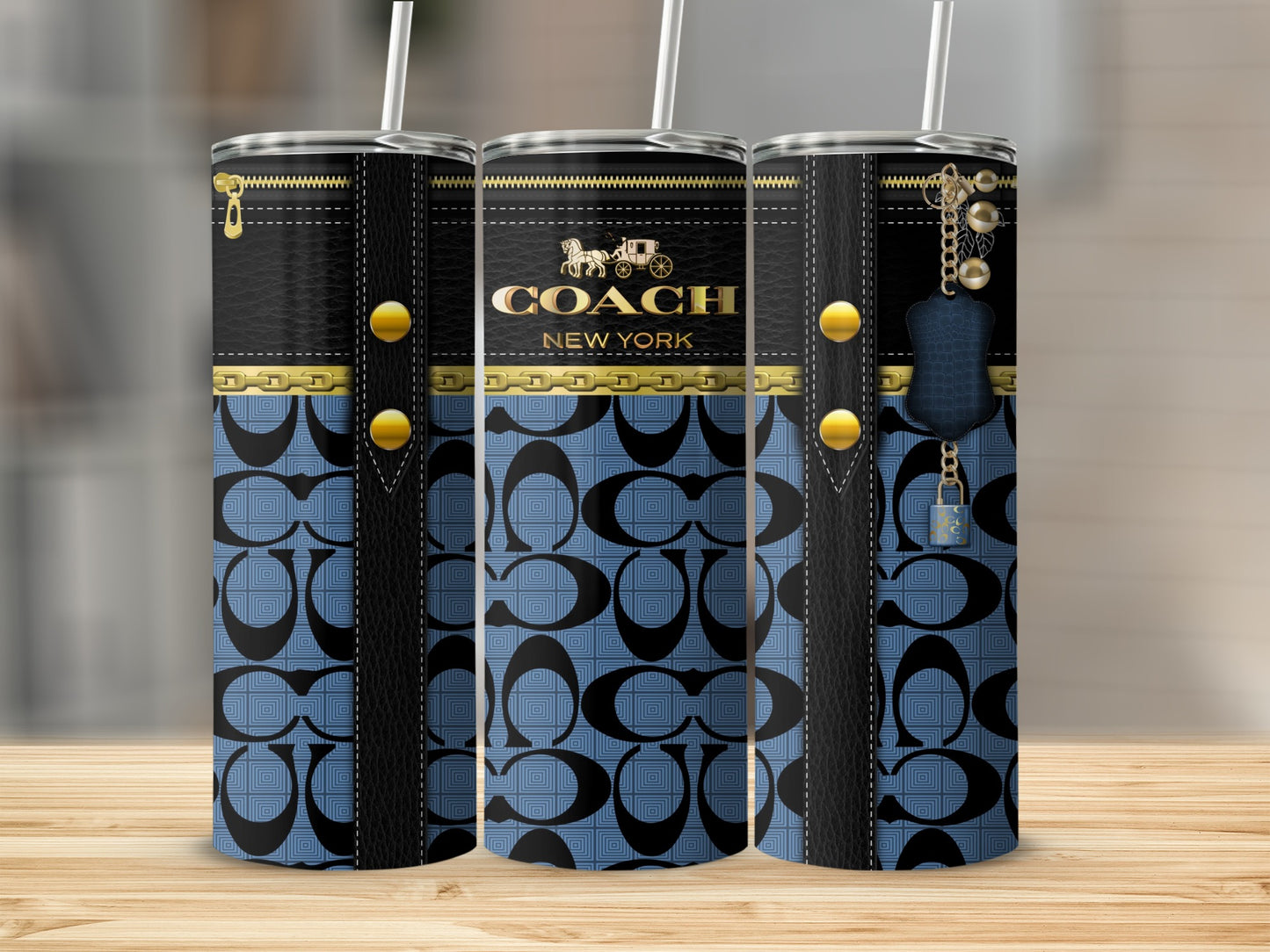 Elegant Coach New York Patterned Tumbler with Straw