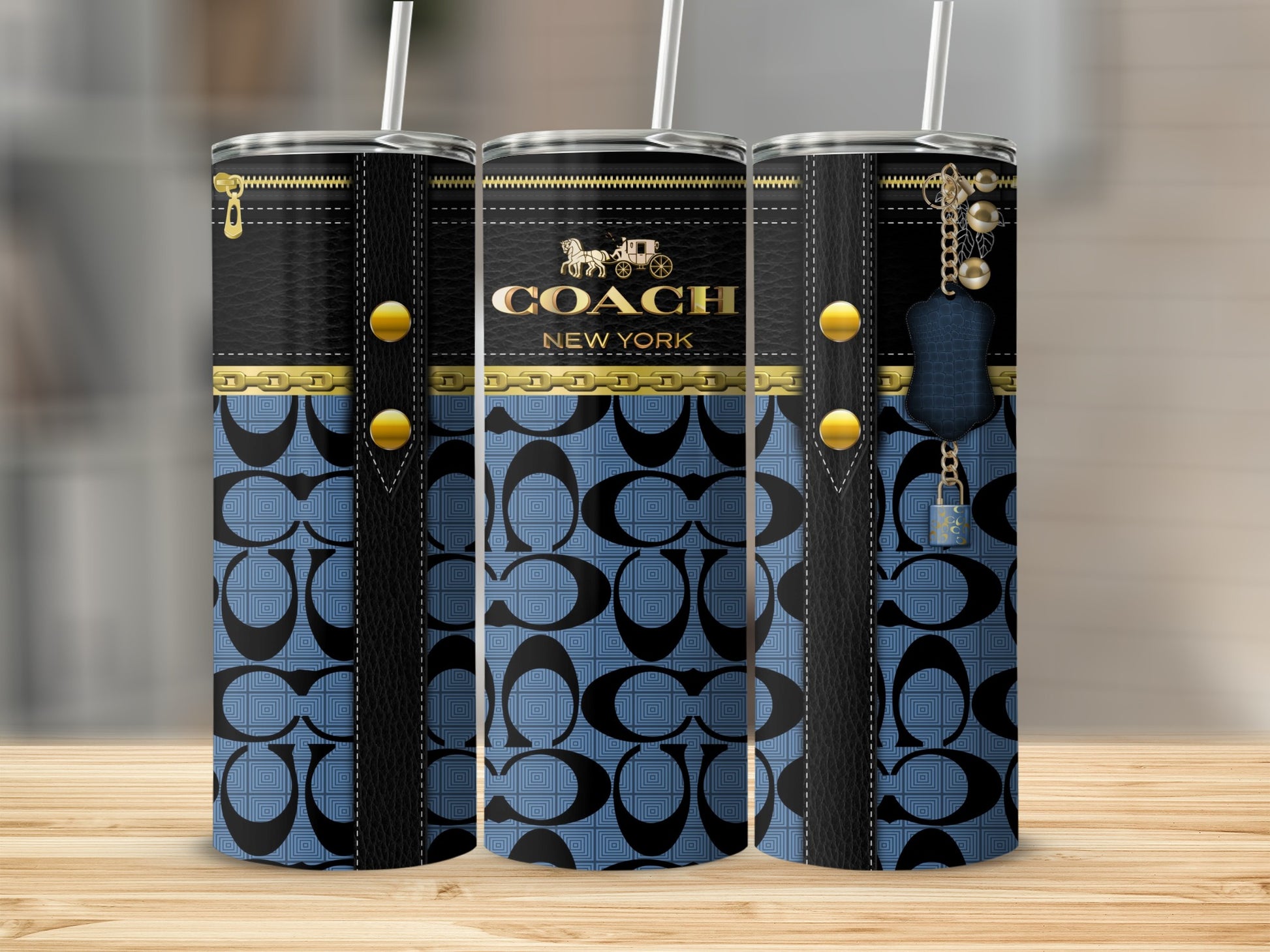 Elegant Coach New York Patterned Tumbler with Straw