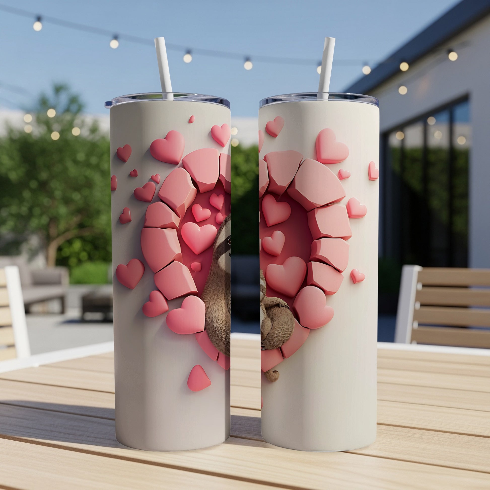 Sloth peeking through a heart-shaped opening on a tumbler.