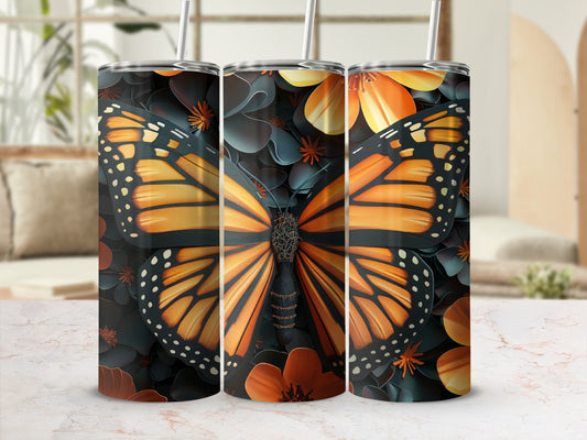Monarch butterfly on dark floral background, three tumblers in a row.