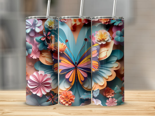 Colorful butterfly and floral pattern on three tumblers.