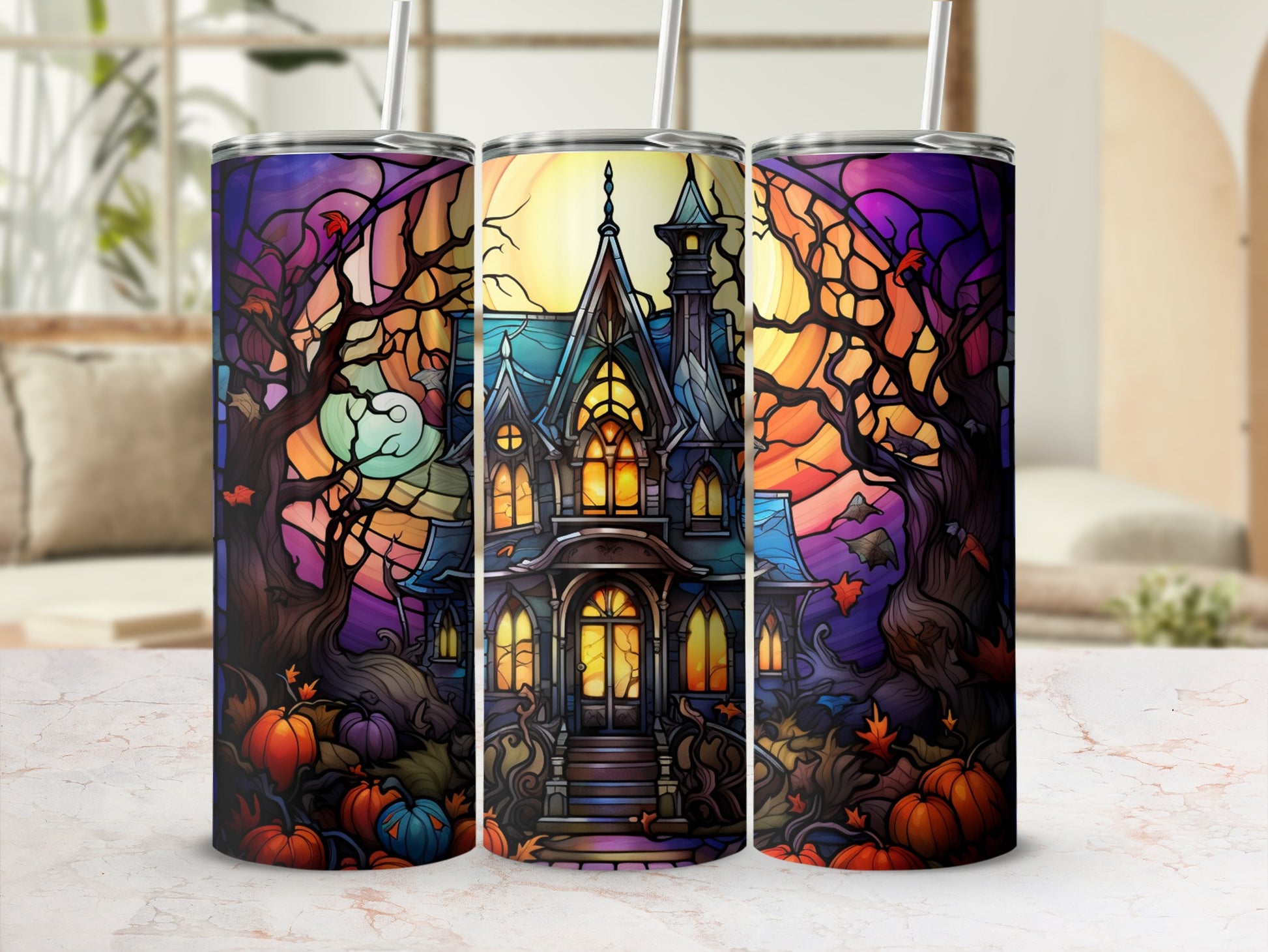 Haunted house with pumpkins and bats on a purple and orange gradient background.