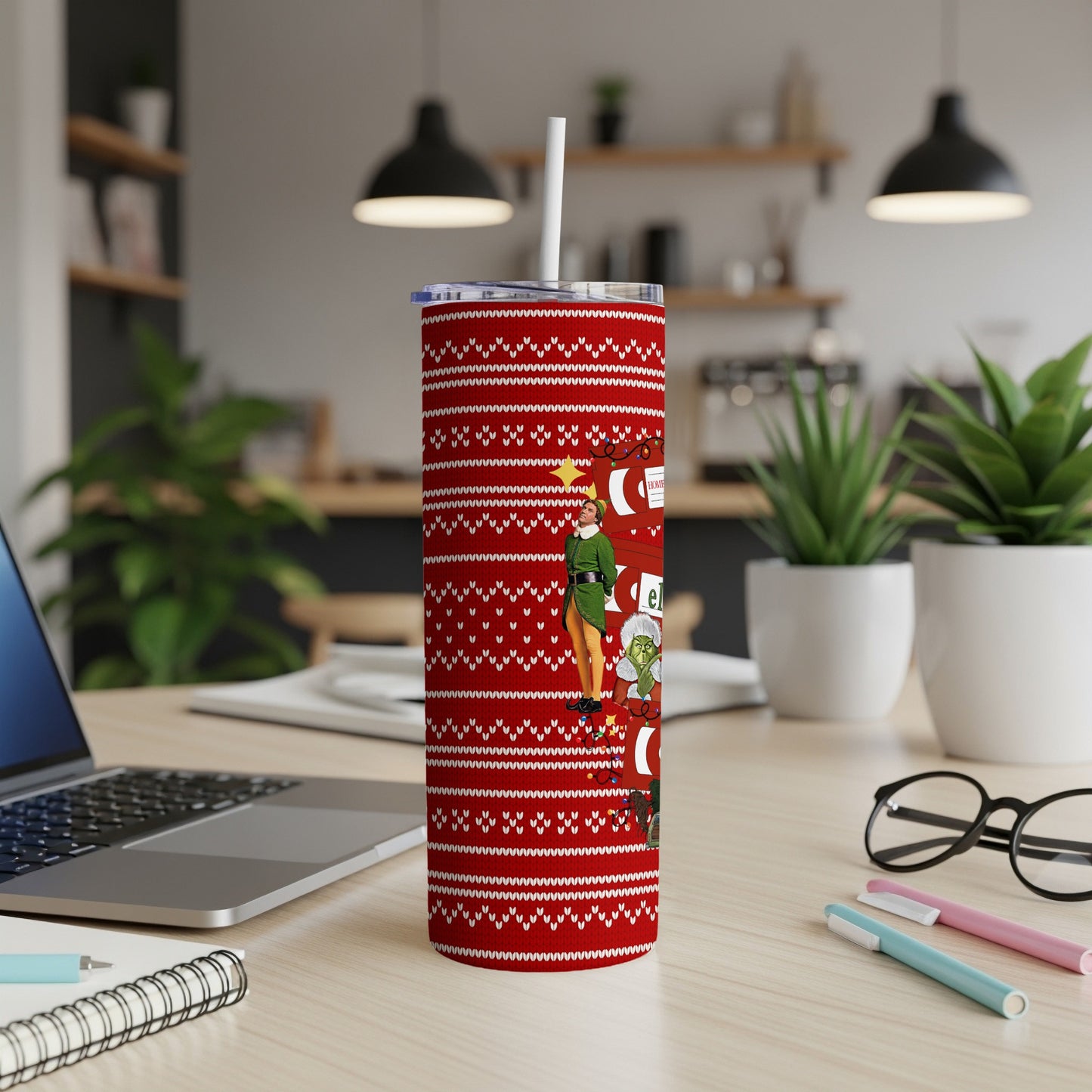 Red and white ugly Christmas sweater pattern tumbler with Buddy the Elf graphic.