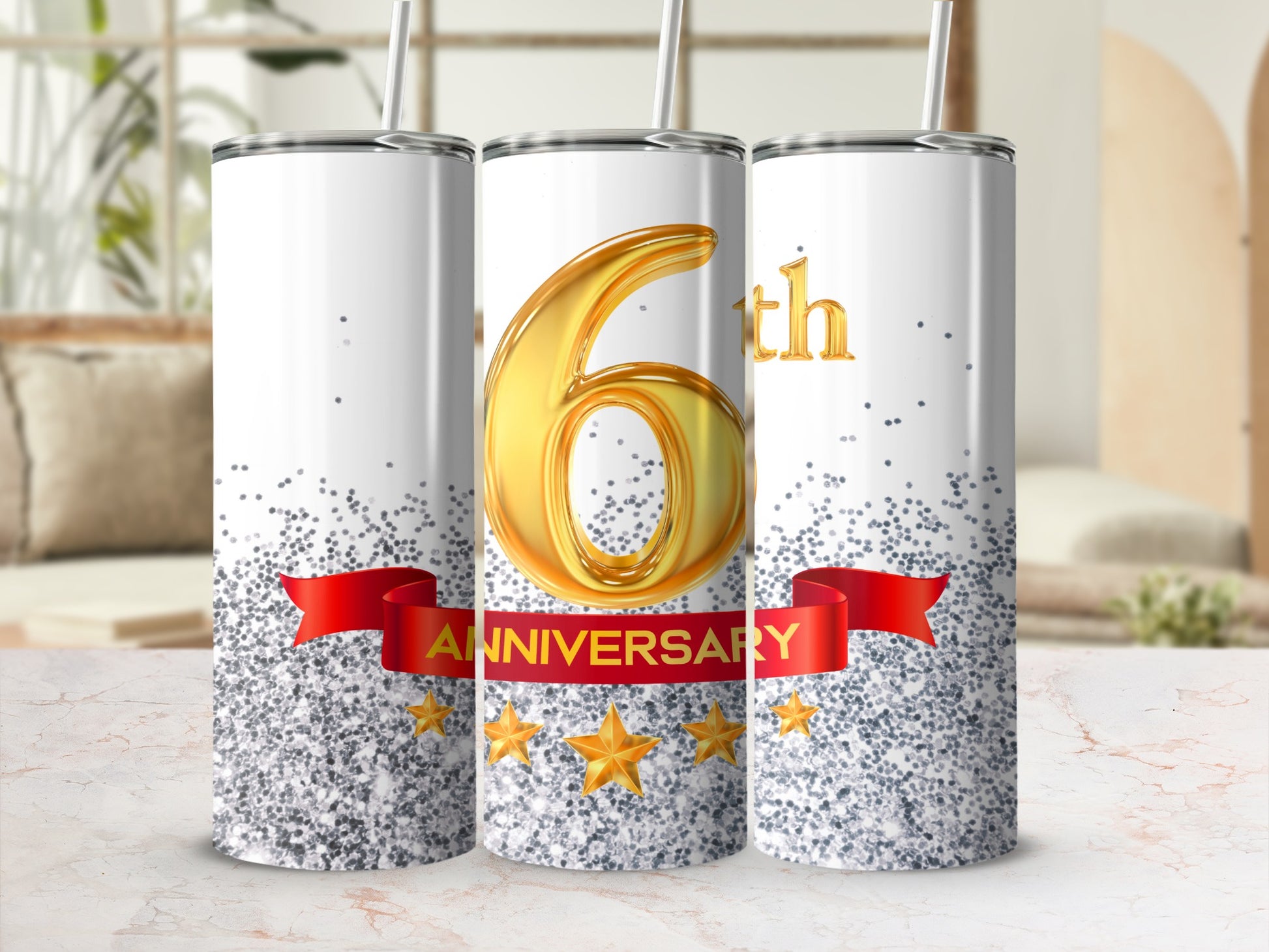 Tall tumbler with "6th Anniversary" and gold stars on glitter background.