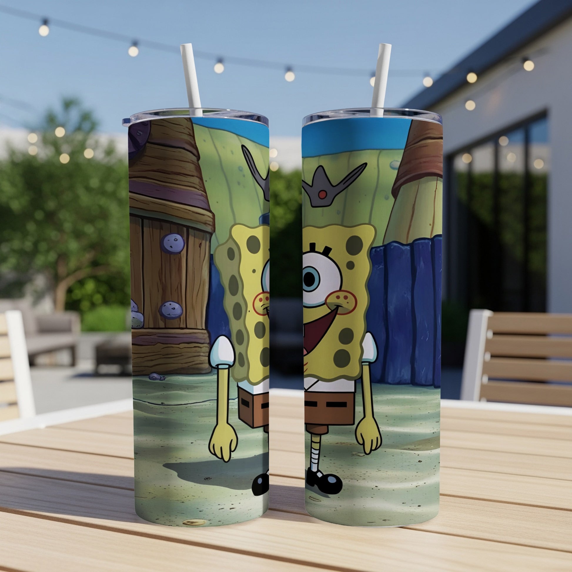 Two Spongebob Squarepants tumblers with a cartoon background.