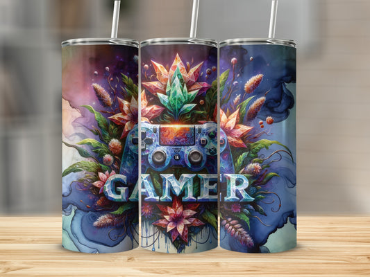 Gaming controller with "GAMER" text surrounded by crystals and floral watercolor art.